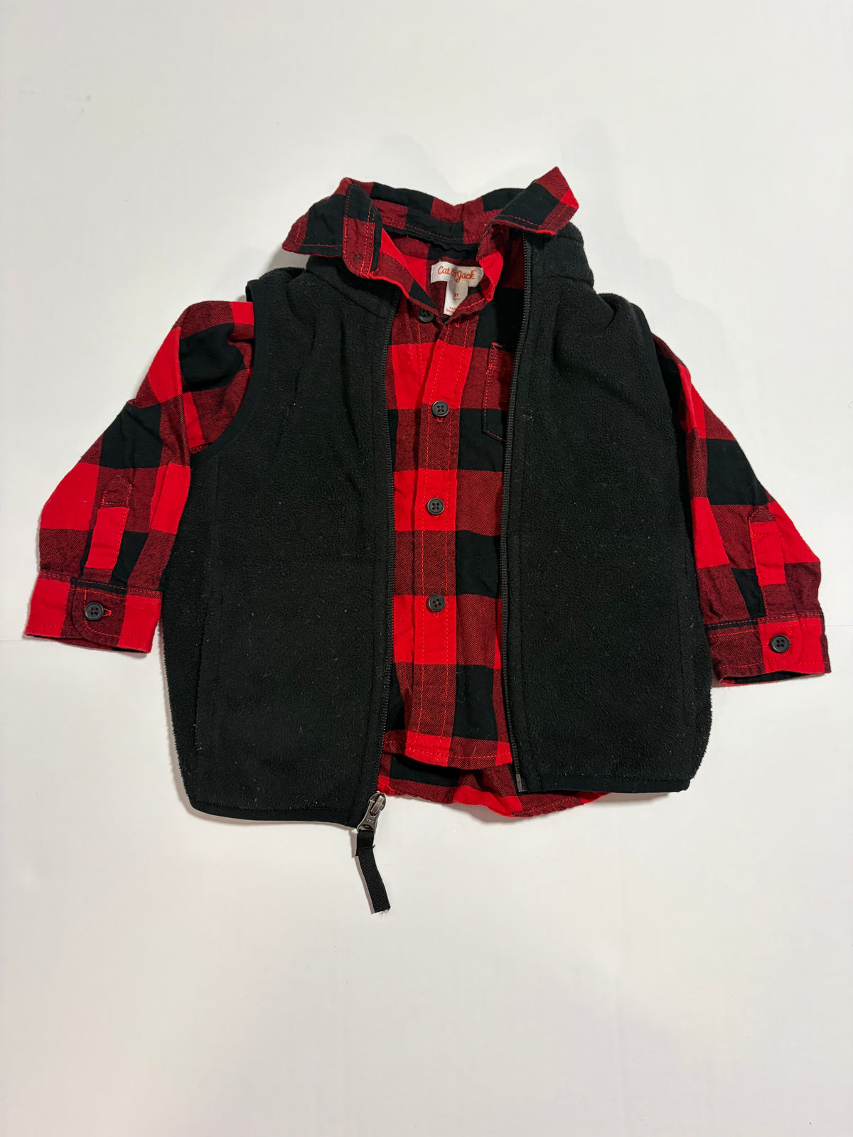 #27 Boys 2T Cat and Jack buffalo plaid button down + Amazon Basics fleece vest
