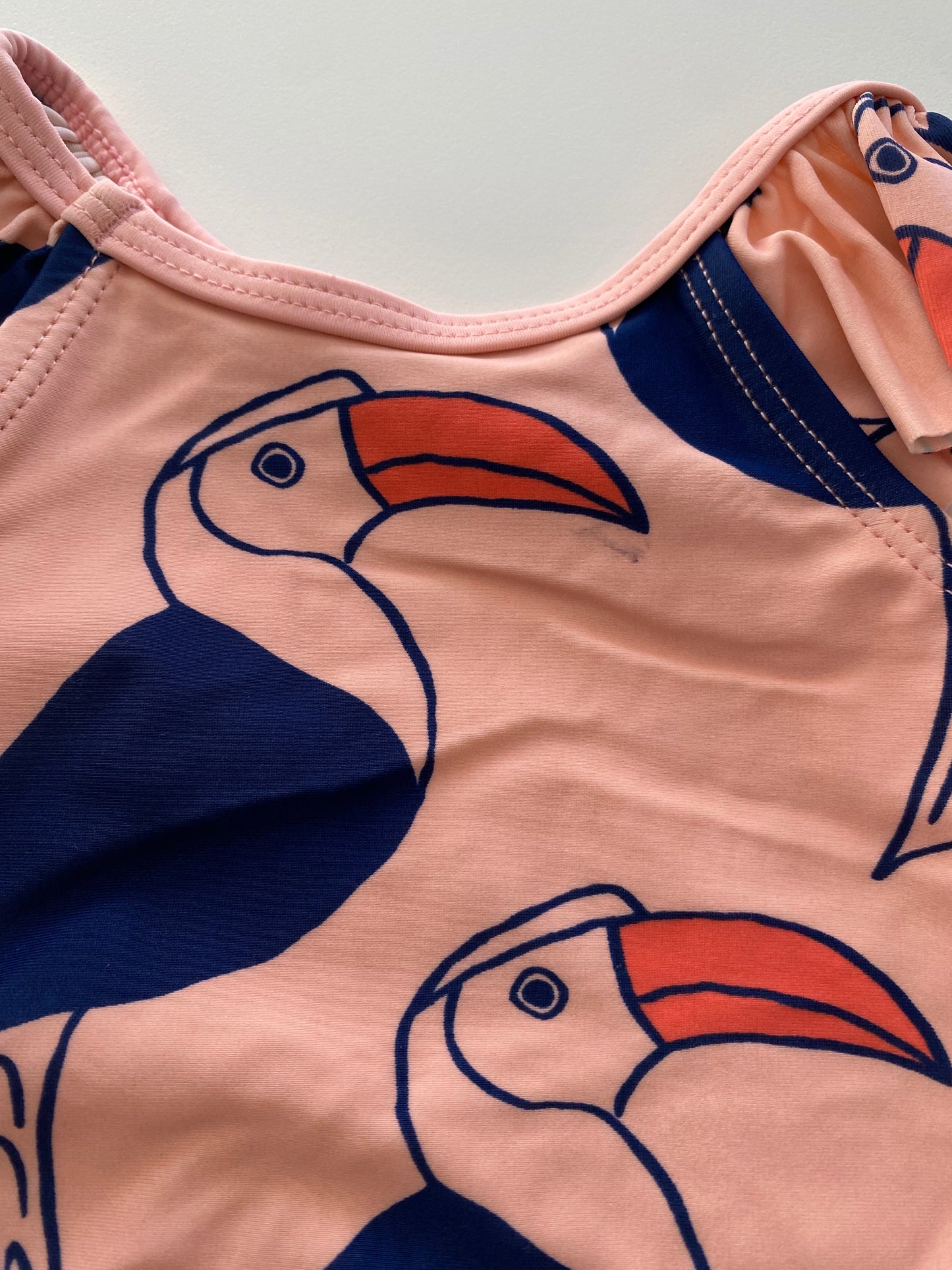 #117, Girls Swim 18M, Tea peachy pink toucan swimsuit, VGUC