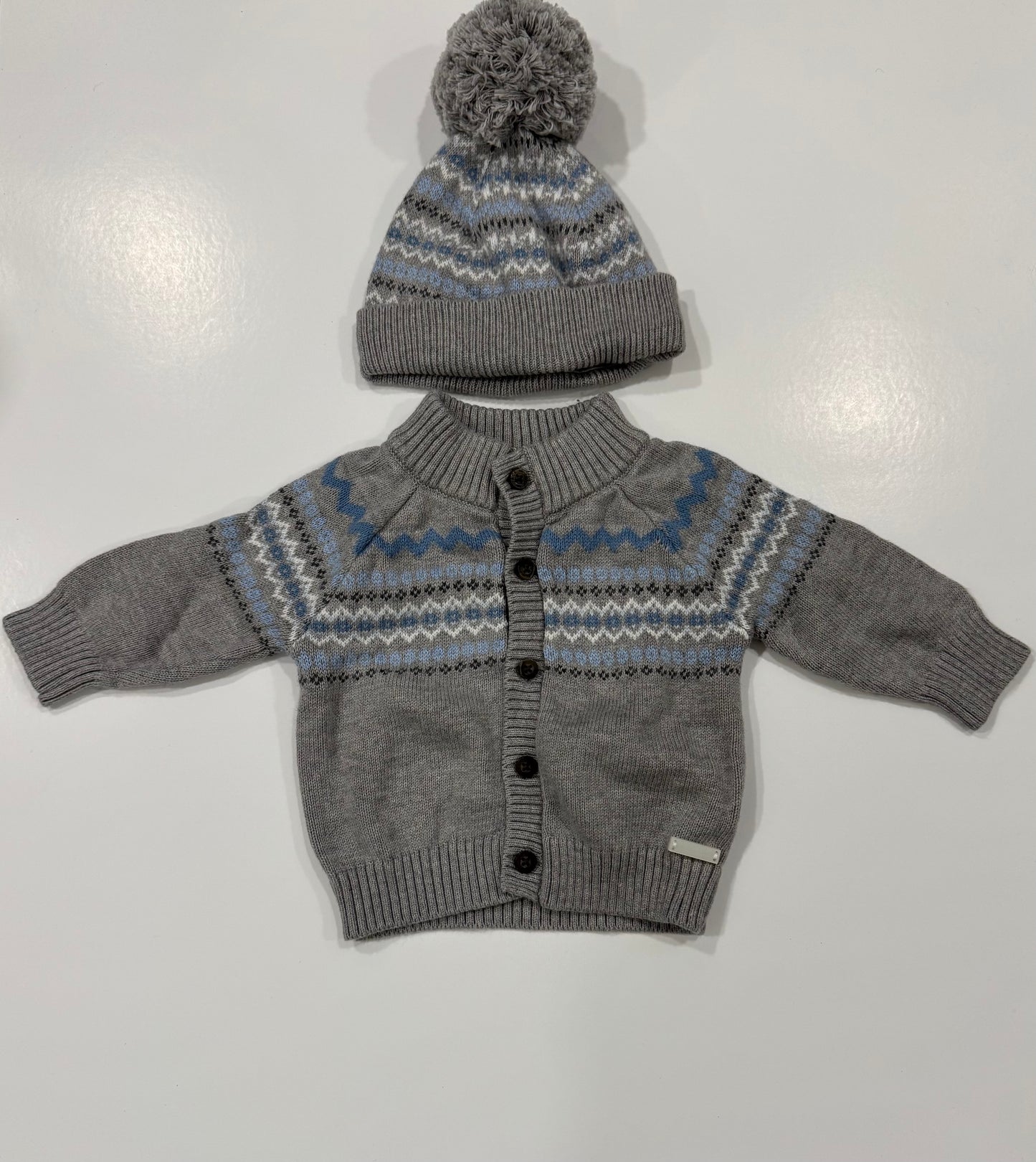#38 Janie and Jack 0-3 Months Boys Fair Isle Cardigan and Hat Gray and Blue