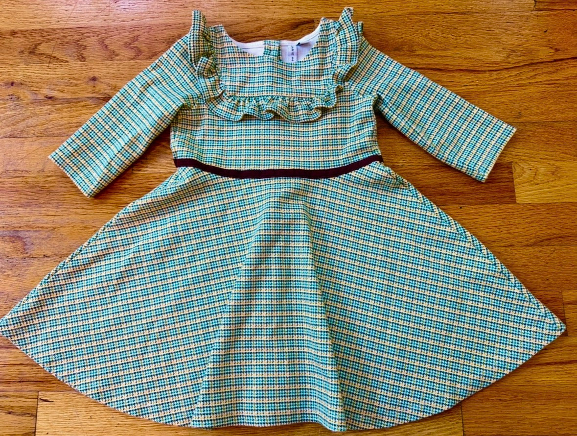 #104 Janie and Jack size 4 green & yellow houndstooth twirl dress