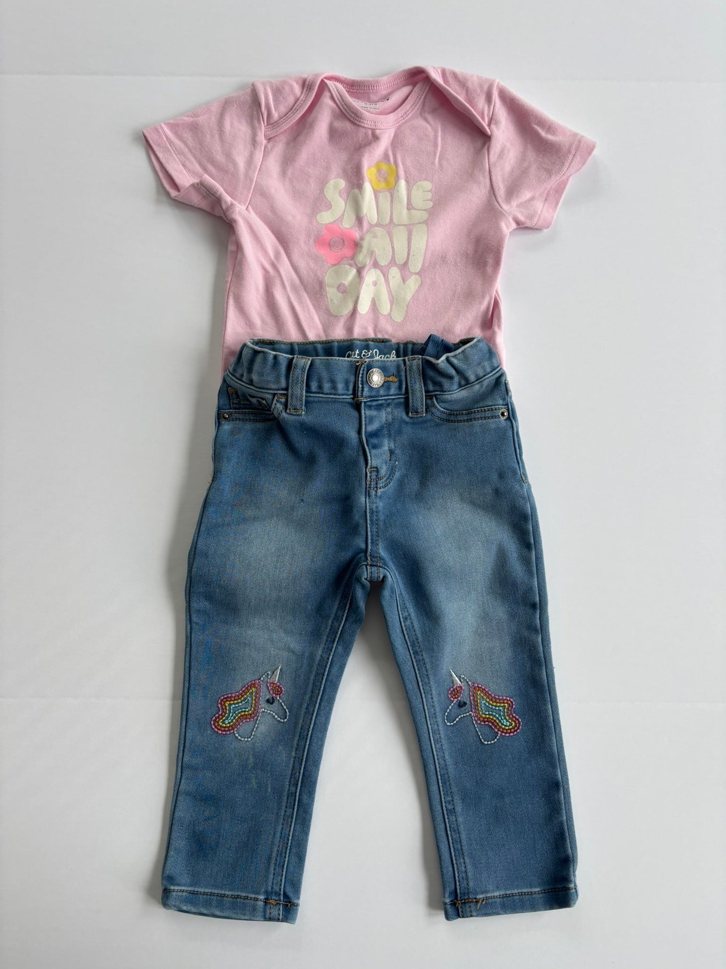 #101 *REDUCED* Old Navy Smile Floral Onesie Unicorn Jeans Outfit Girls Size 18-24 months