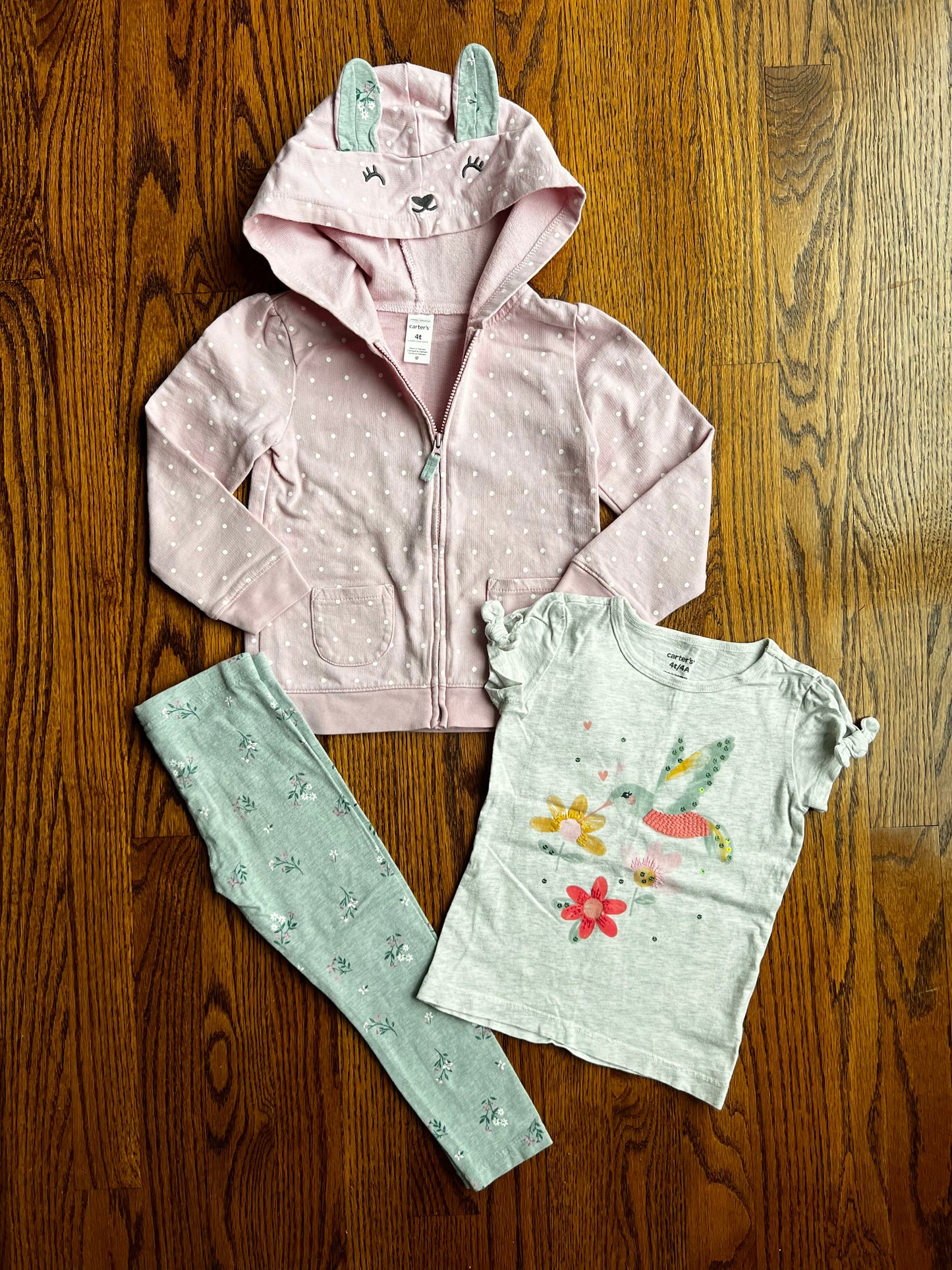 Seller #115 - Carter’s Girls 4T Spring Outfit (Zip Up Sweatshirt, Hummingbird Tee, Floral Leggings), VGUC