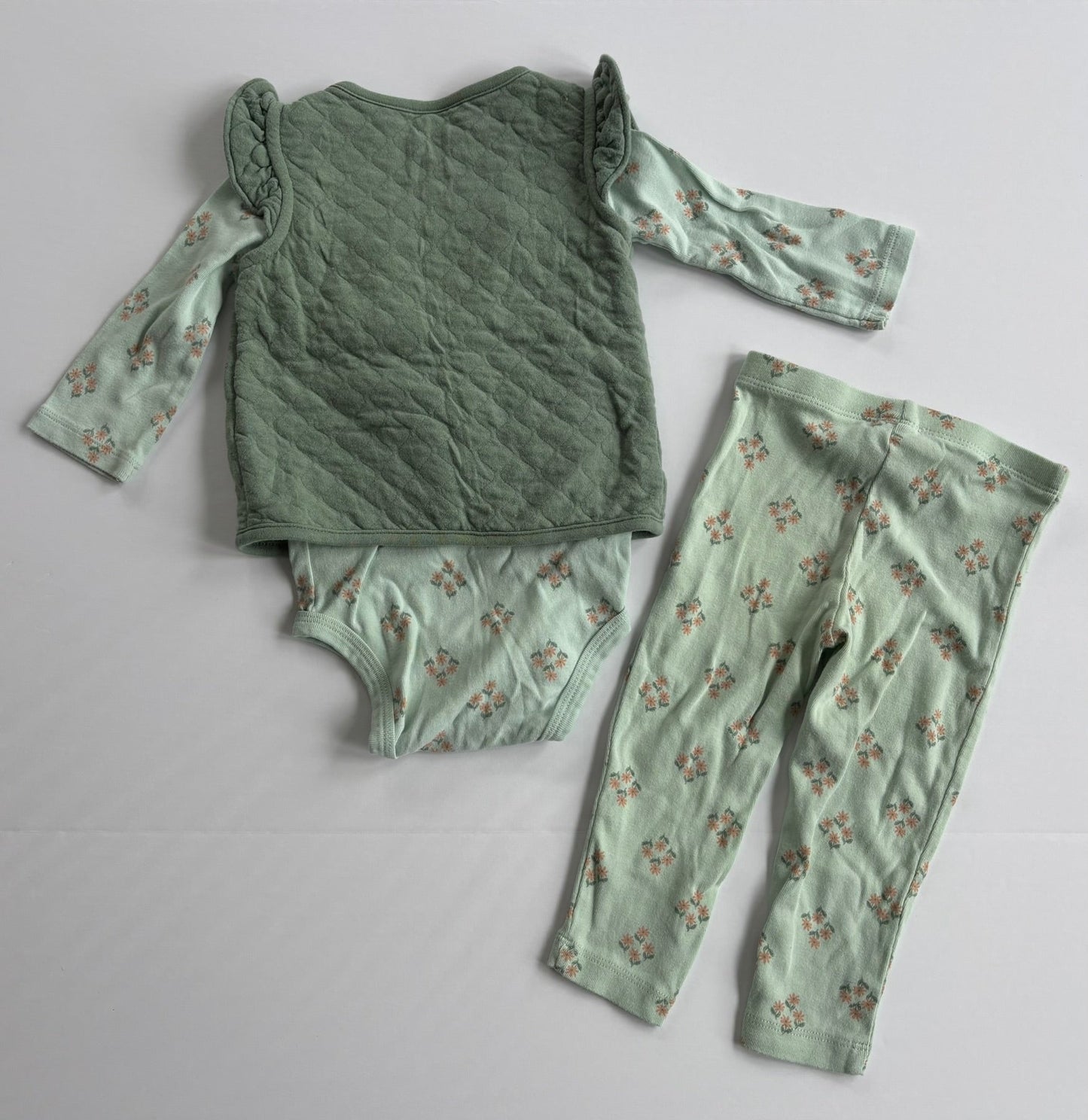 #101*REDUCED* Carter's Floral 3-Piece Quilted Ruffle Vest Outfit Girls Size 12 months