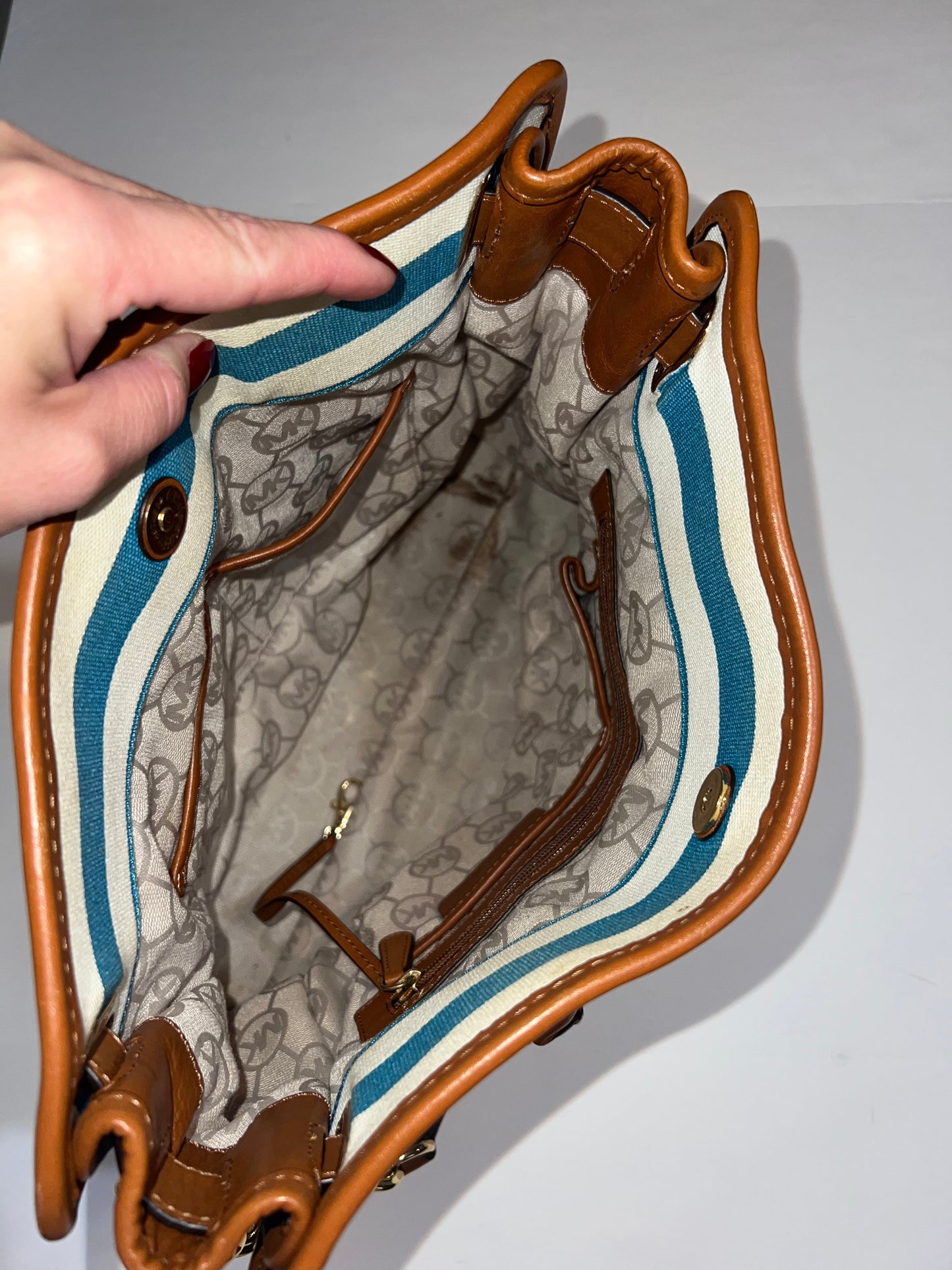 #78 Michael Kors blue and white striped purse REDUCED