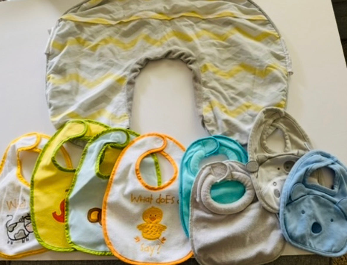 #92 baby bibs and NEW boppy cover