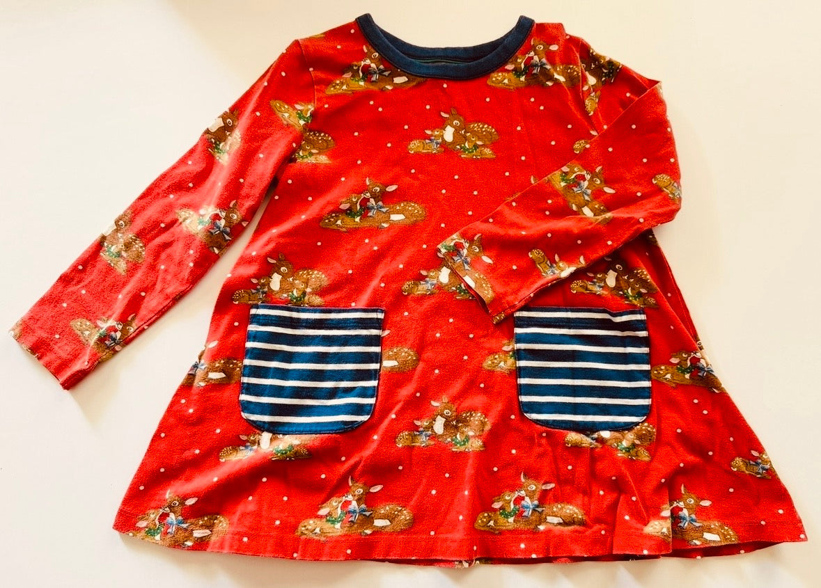 #92 girls 6/7 BODEN red deer holiday Christmas dress