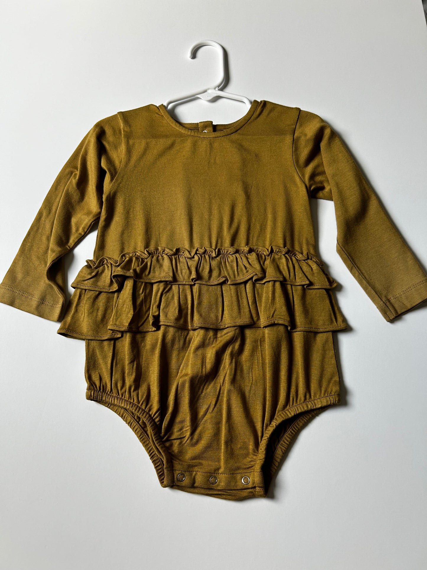 Seller #105 - 18-24M Girls Kate Quinn Mustard Ruffle Bubble Romper NWT