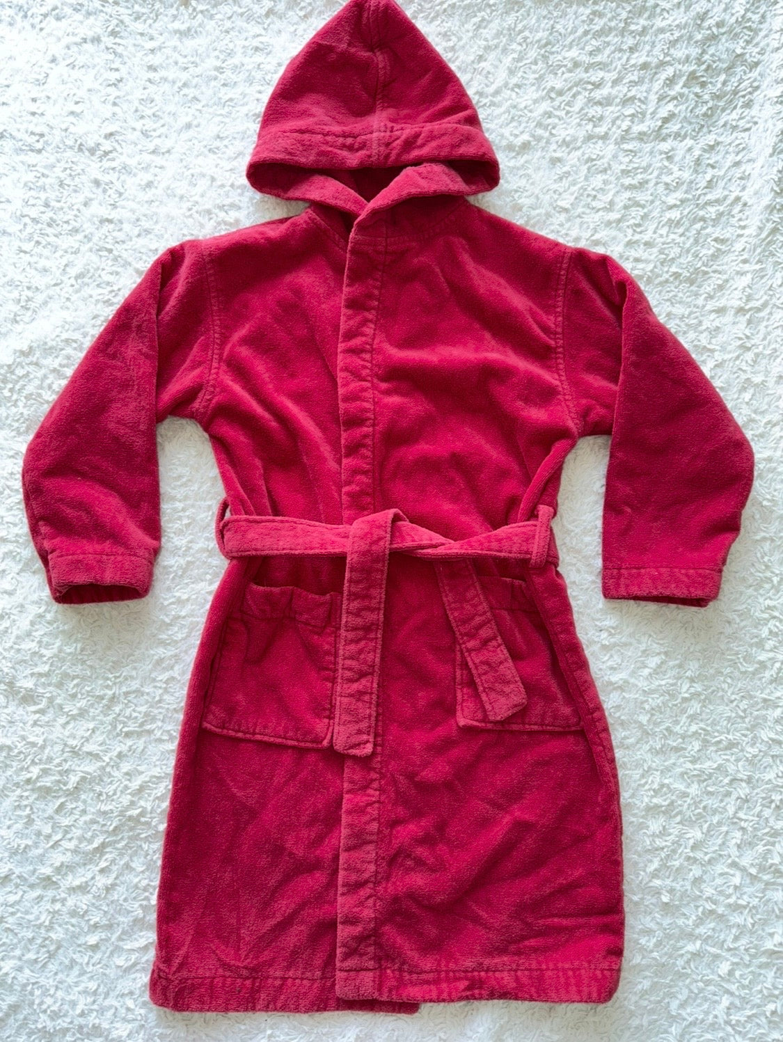 Seller 1A - Boys Red Velour Terry Hooded Robe - Size 10 - VGUC - mild fading throughout