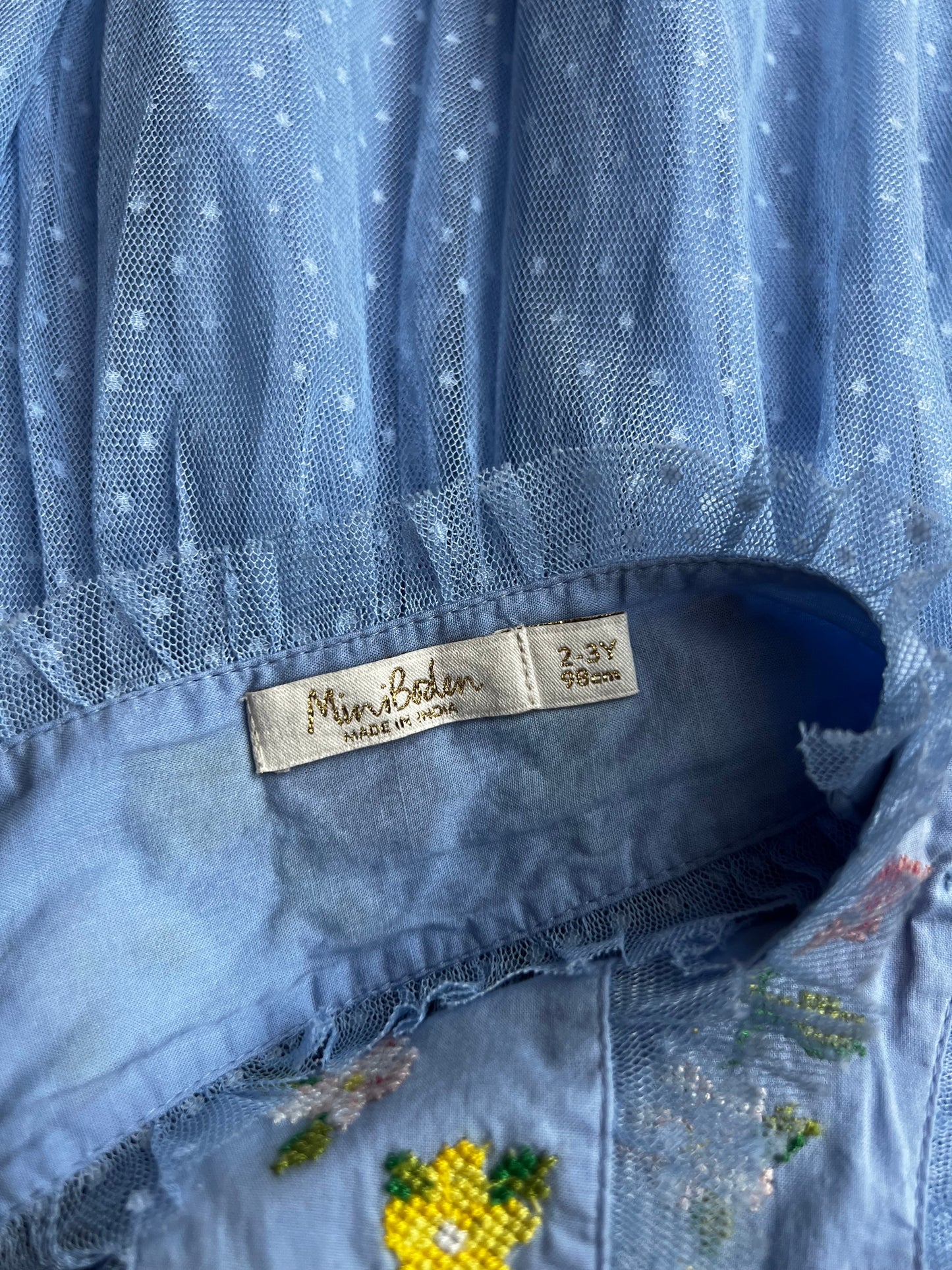 Seller #115 - REDUCED - Boden Girls 2-3Y Blue Tulle Crossback Dress with Floral Embroidery, VGUC