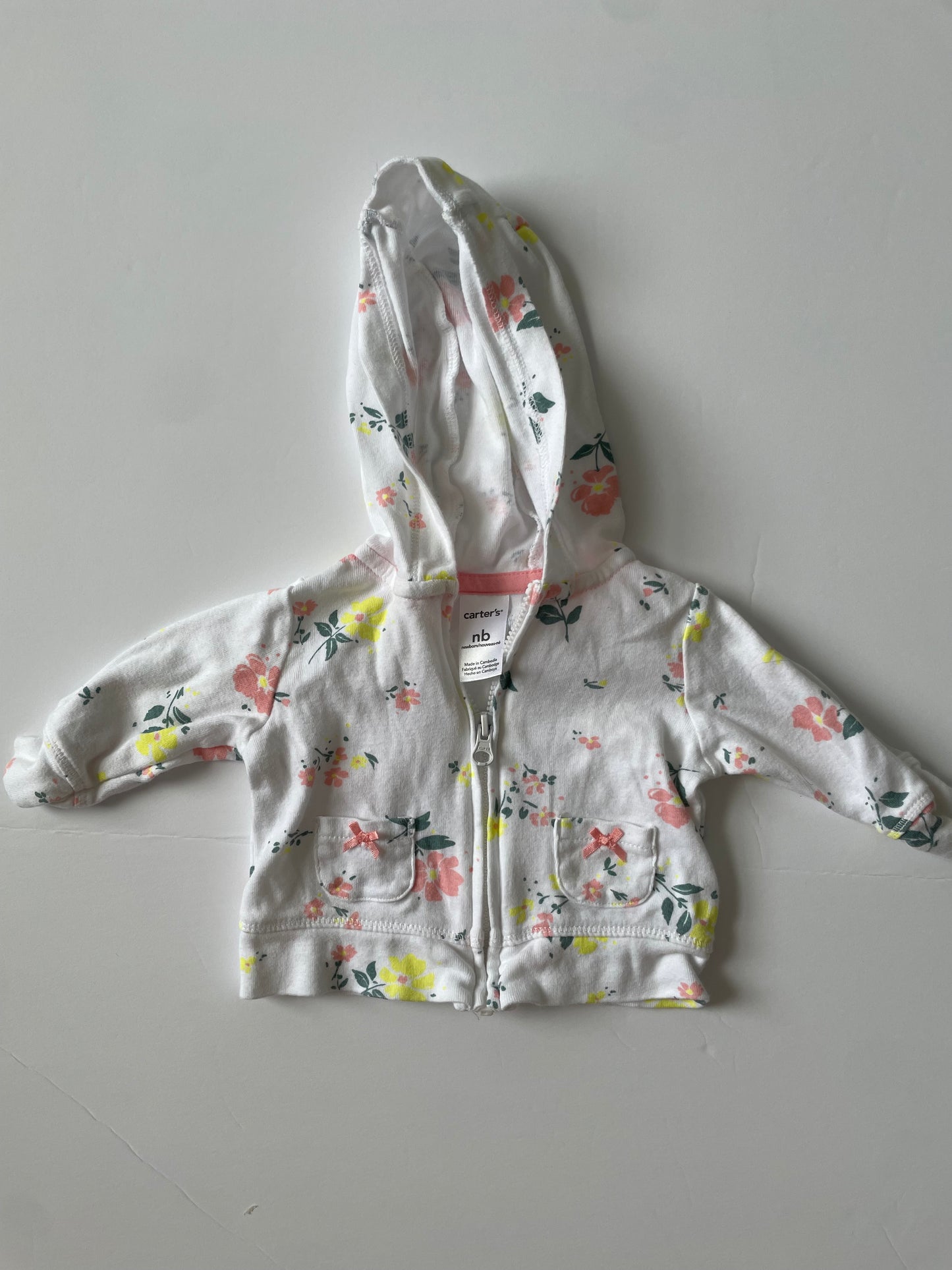 #3 Carters white floral print zip up jacker girls size NB