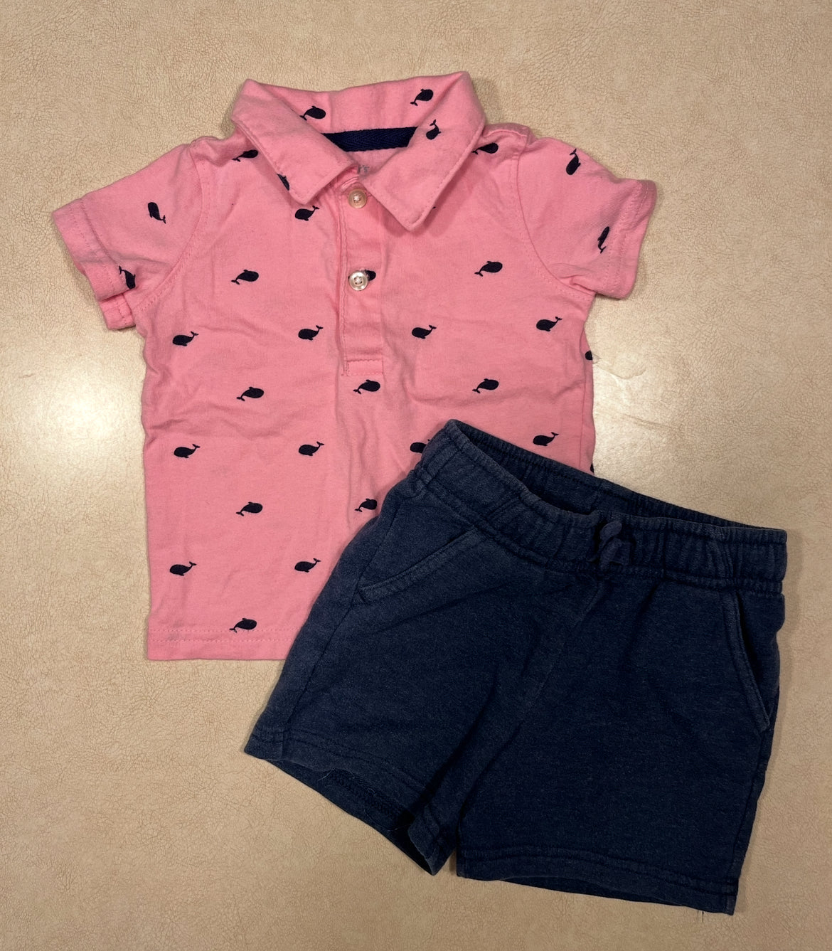 #143 Pink Polo with Whales and Navy Shorts set Boys 12m - REDUCED