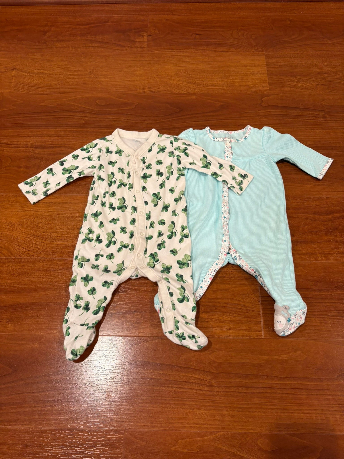 Girls 3 Month Jammie Bundle Clovers and Blue Waffle Knit