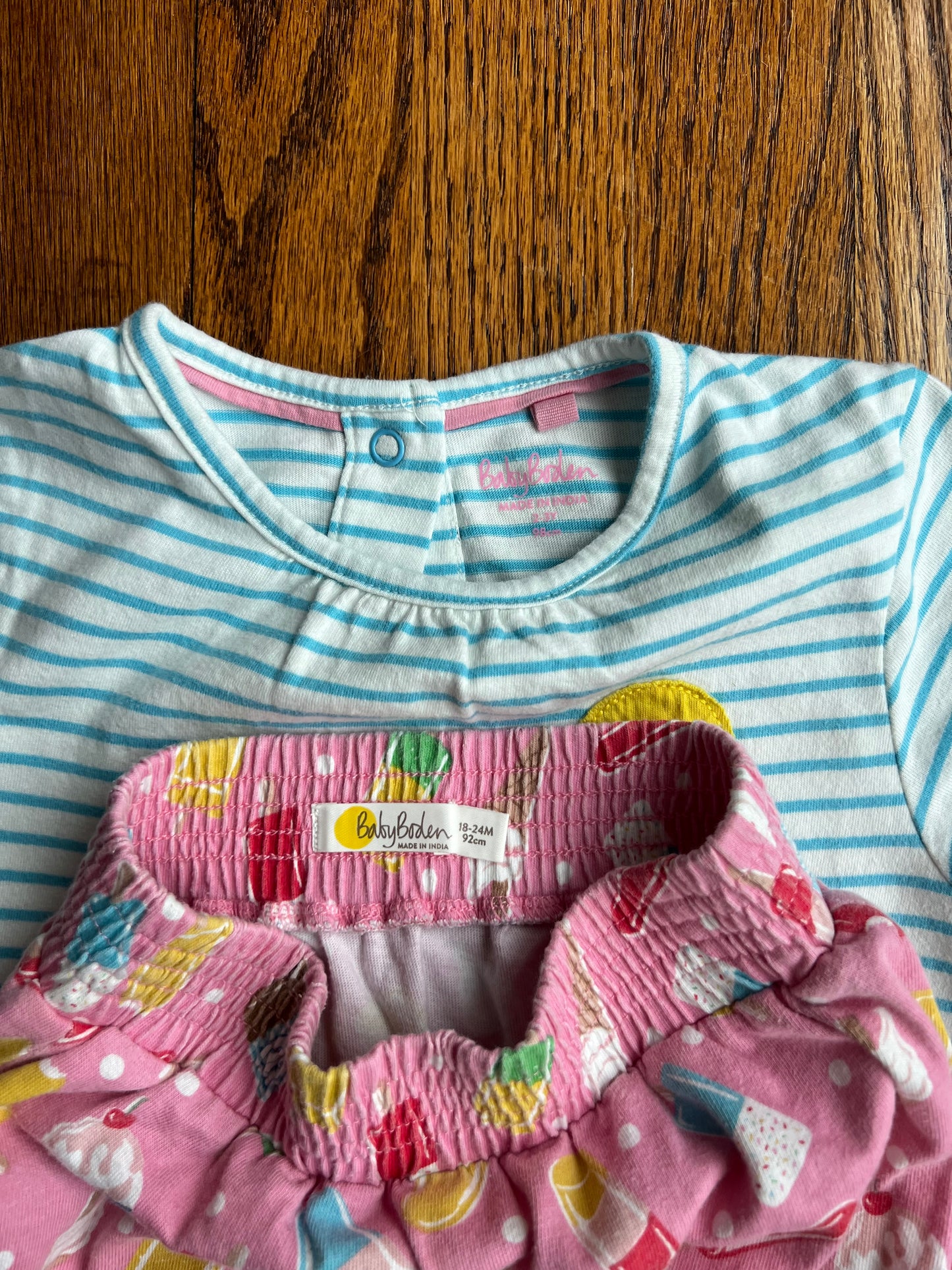Seller #115 - Boden Girls 2-3Y Blue/White Striped Ice Cream Tunic Dress with Pink Ice Cream Bloomers, VGUC