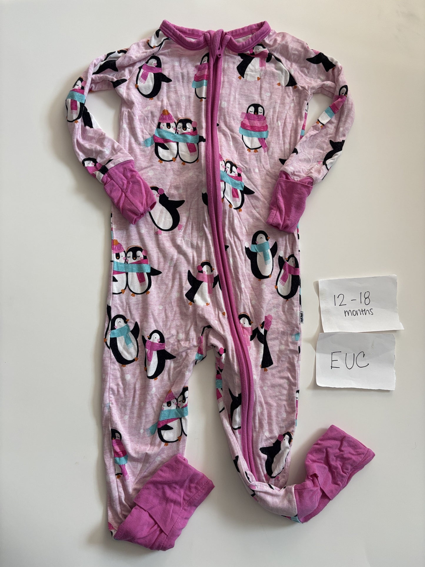 #138 - 12-18 Mo - VGUC Little Sleepies - Pink Skating Penguins with Red Cuffs Zippy - PU 45236