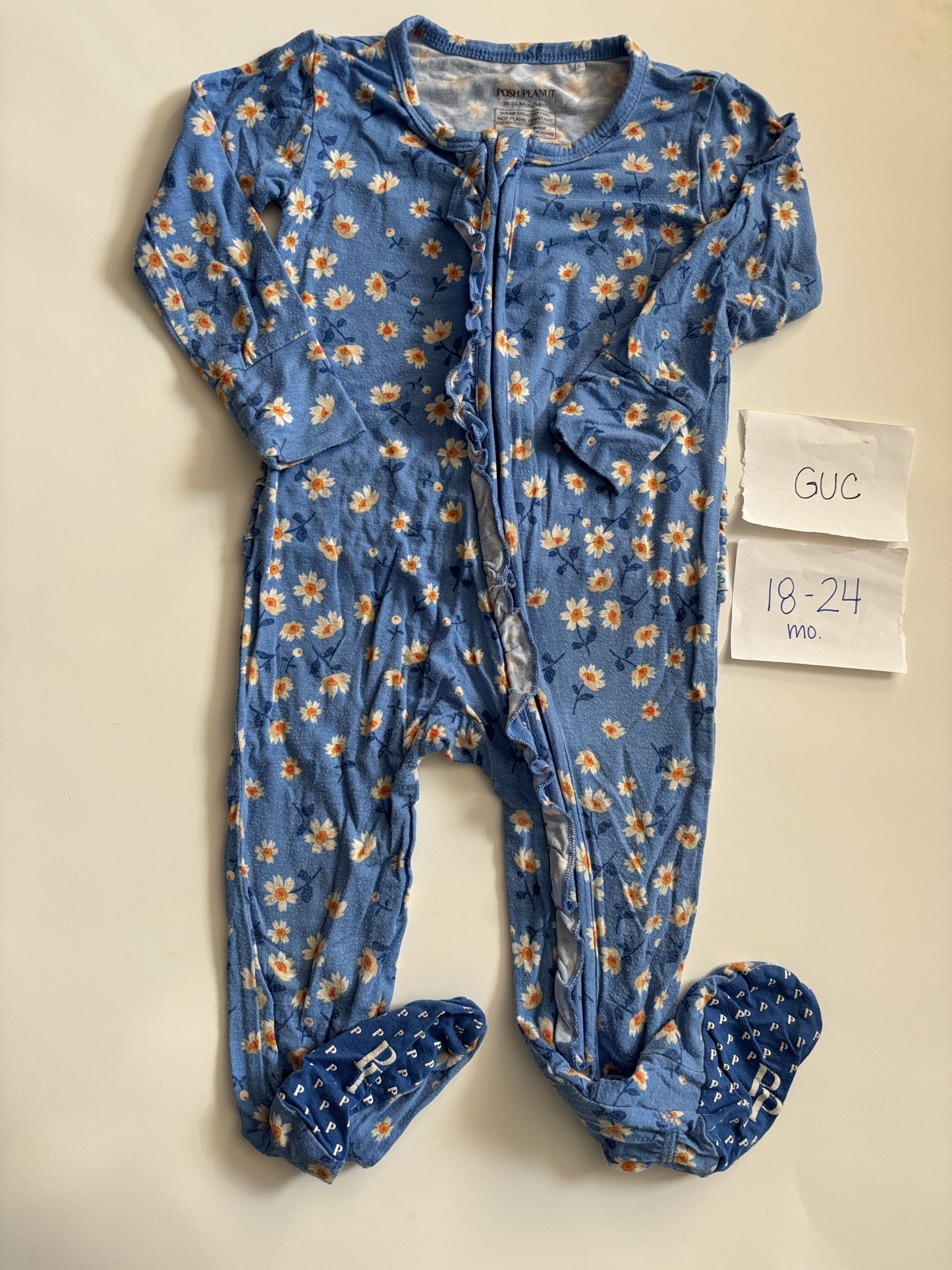 #138 - 18-24 Mo GUC Bamboo (Posh Peanut) Blue with flowers zippy