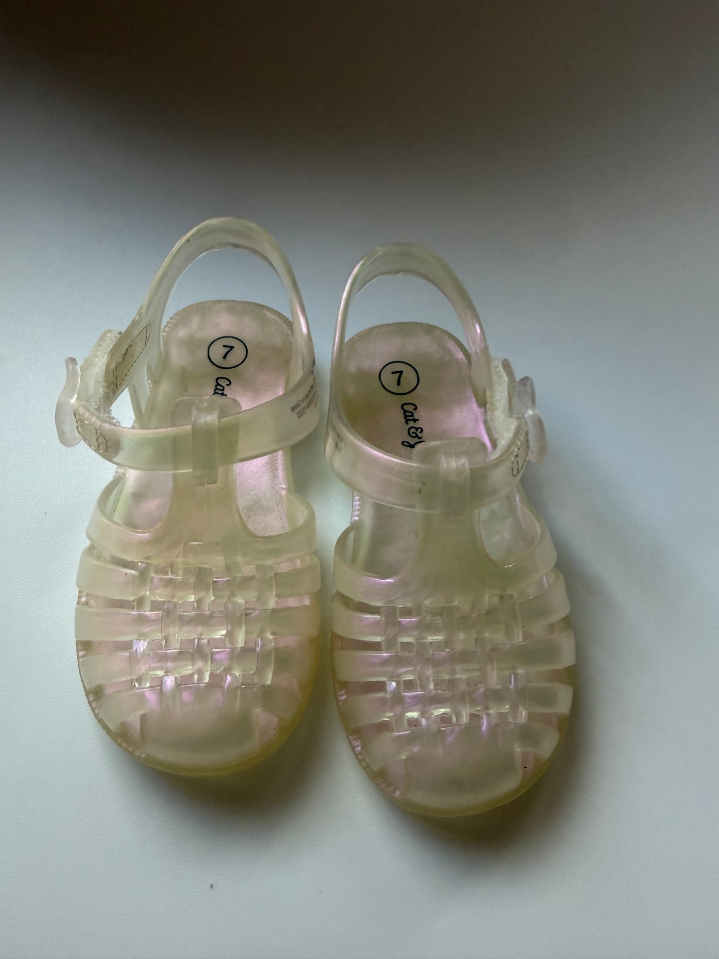 #117, Girls Shoes 7c, Cat & Jack iridescent jelly sandals, VGUC