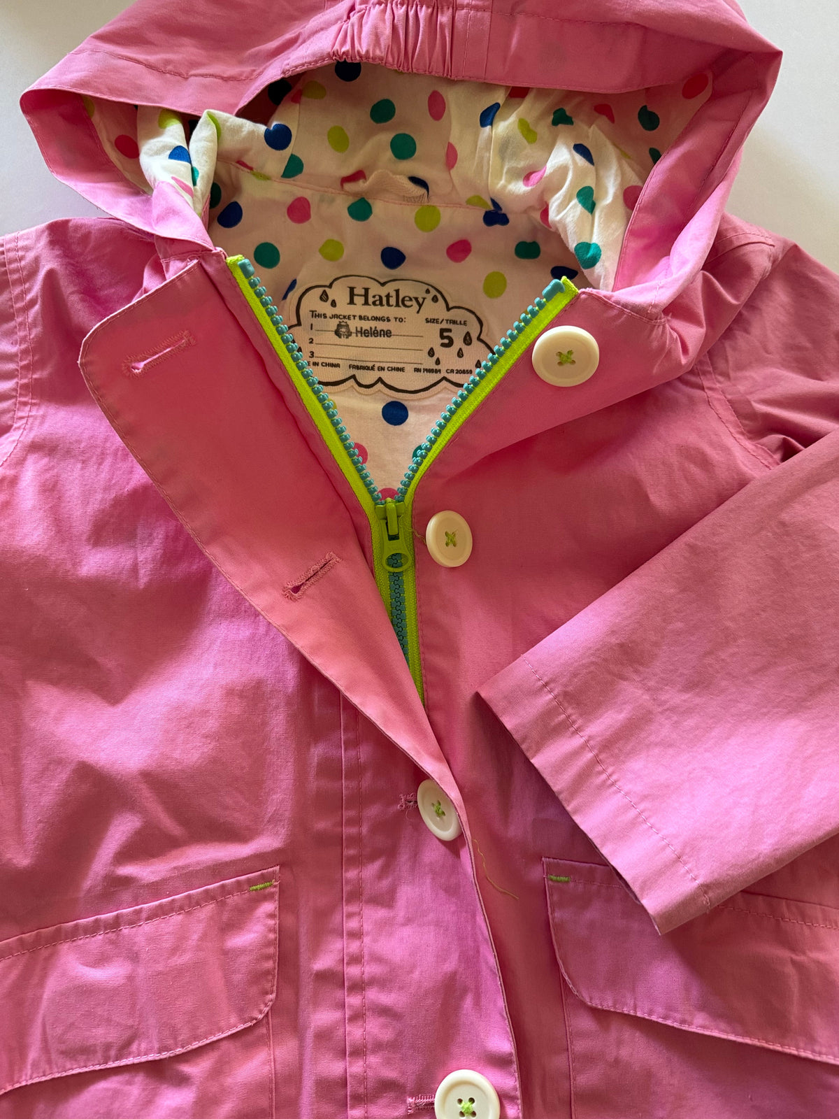#92 girls 5 Hatley pink lined rain coat