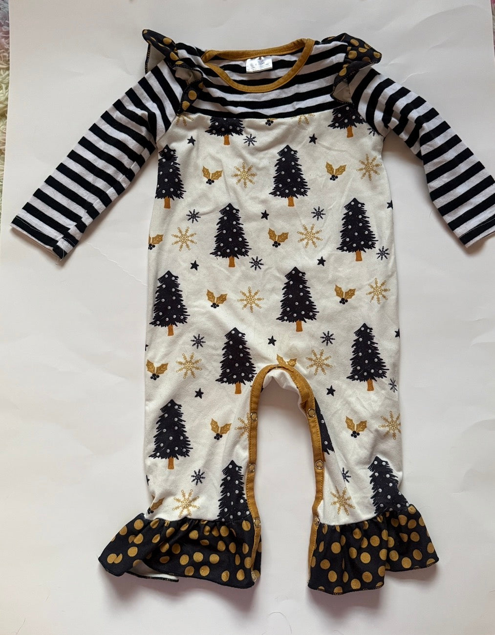 #170 Christmas tree and holly frill romper girls 6-12 months