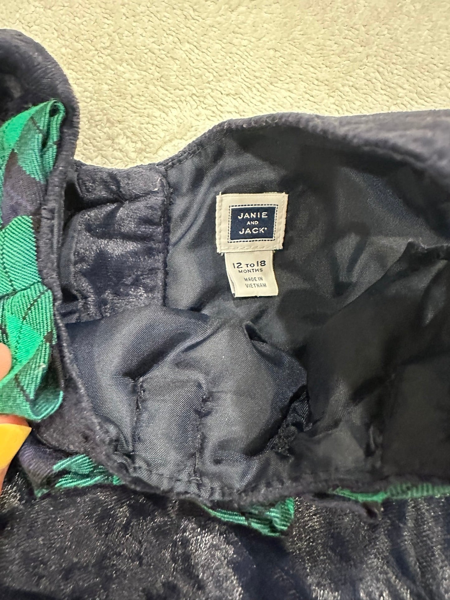 #85 REDUCED Janie & Jack Navy Velvet with Plaid Bows Tank, Infant Girls 12-18m