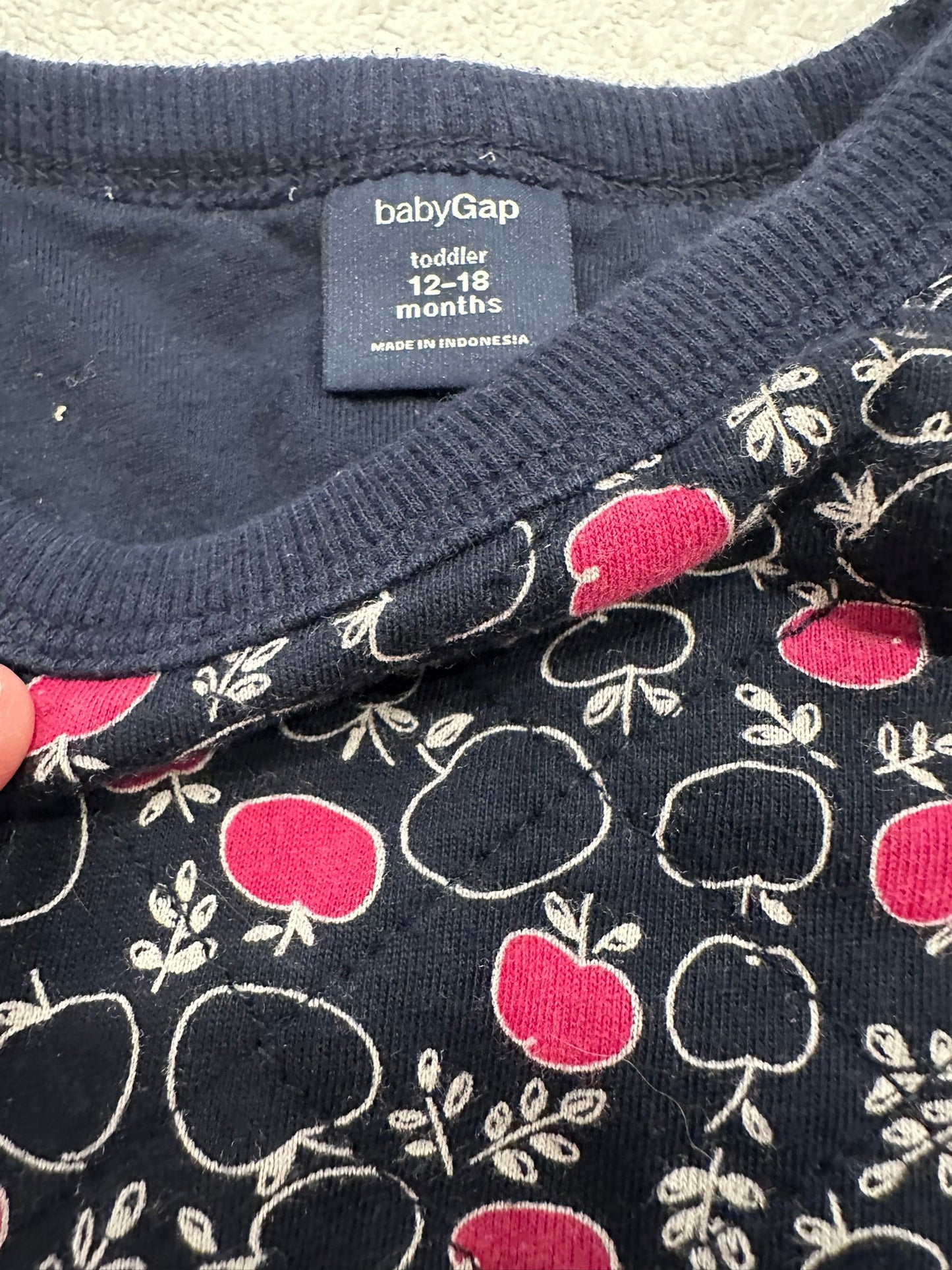 #85 REDUCED Baby Gap Navy + Pink Apple Sweater, Infant Girls 12-18m