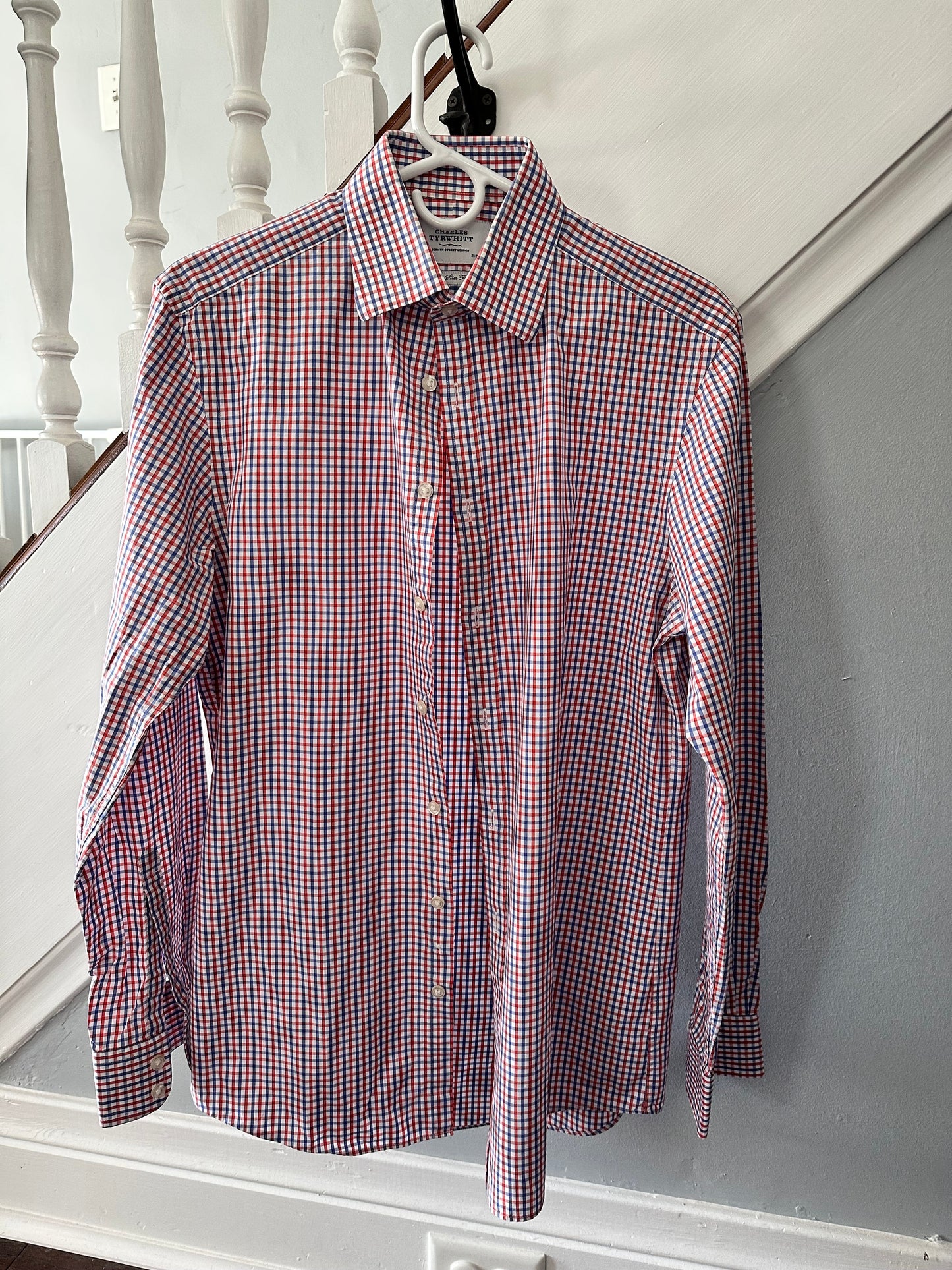 Seller 48, Charles Tyrwhitt Extra Slim Fit Dress Shirt, red/blue check, Collar: 15 1/2; Sleeve Length: 35in; EUC *REDUCED*
