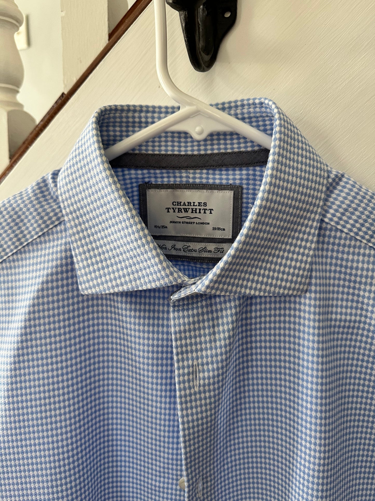 Seller 48, Charles Tyrwhitt Extra Slim Fit Dress Shirt, blue check, Collar: 15 1/2; Sleeve Length: 35in, EUC *REDUCED*