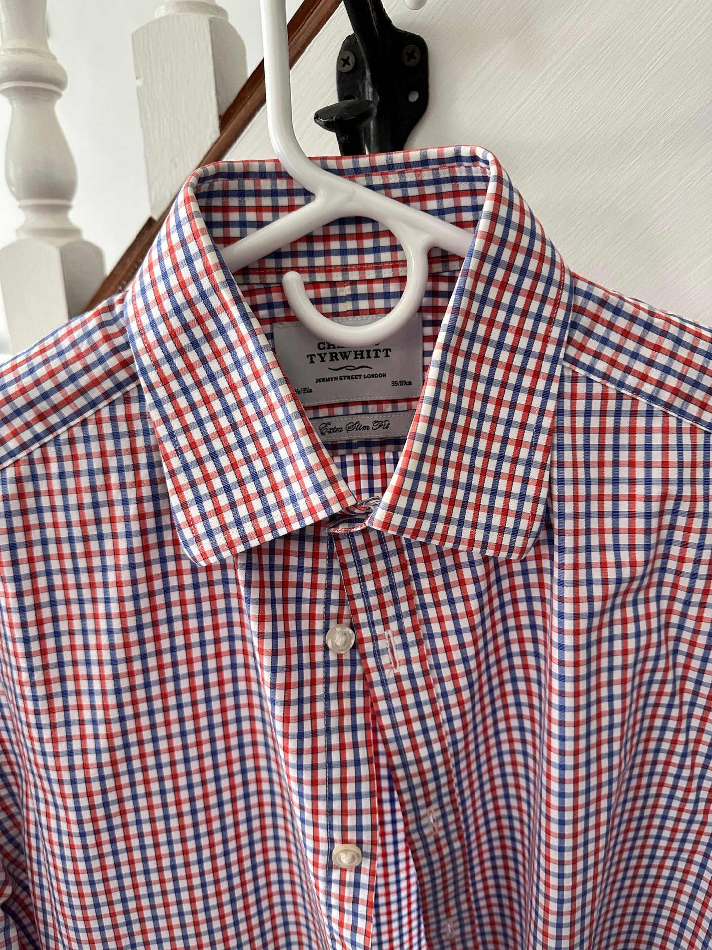 Seller 48, Charles Tyrwhitt Extra Slim Fit Dress Shirt, red/blue check, Collar: 15 1/2; Sleeve Length: 35in; EUC *REDUCED*