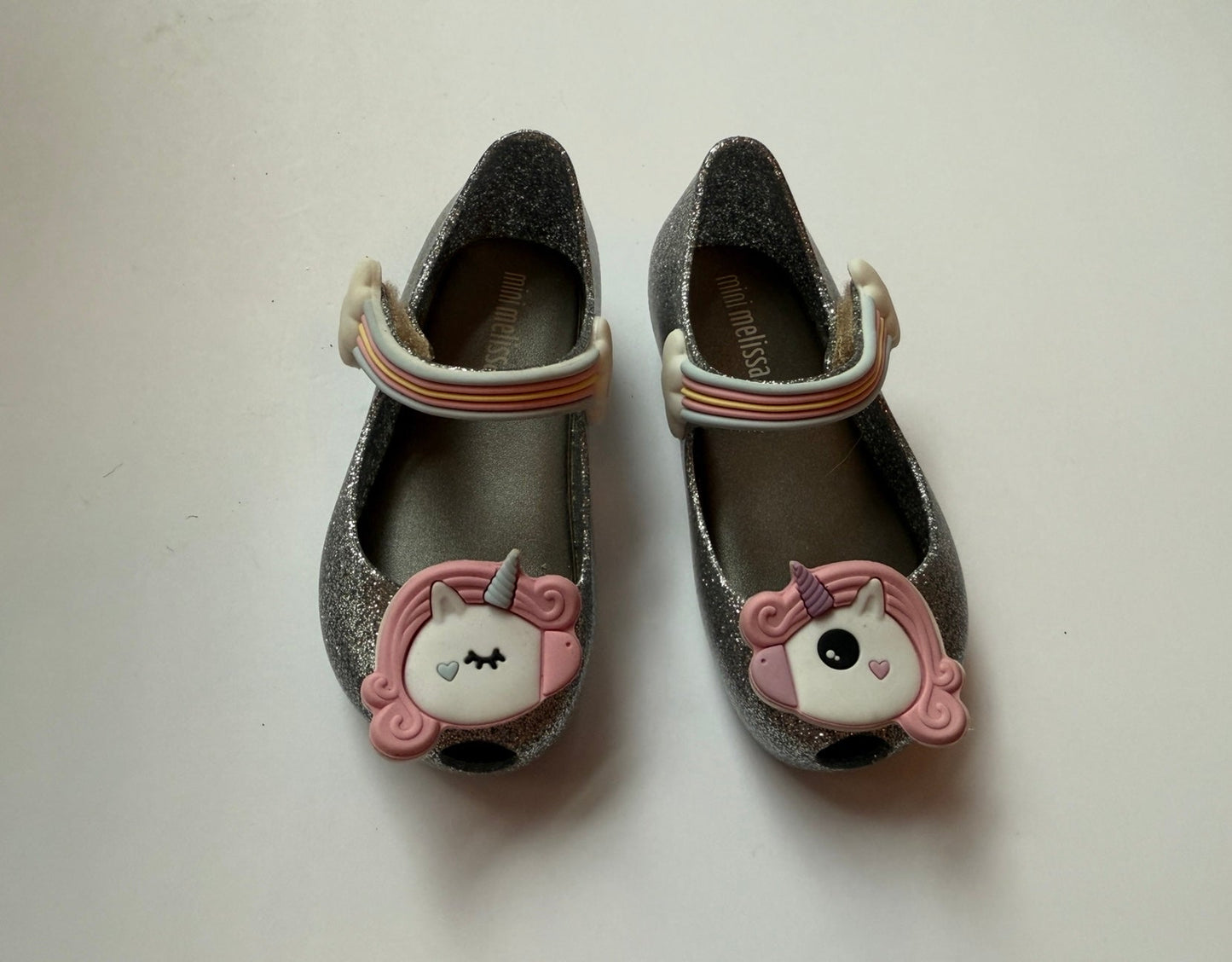 #180 Girls Shoe 7 Mini Melissa Silver Sparkle Unicorn ( 2 available)