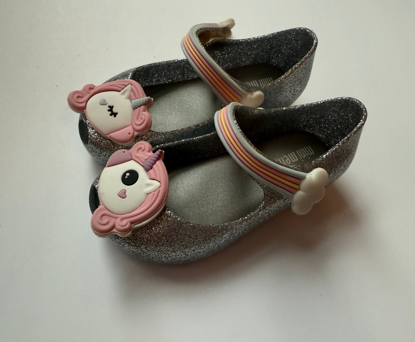 #180 Girls Shoe 7 Mini Melissa Silver Sparkle Unicorn ( 2 available)
