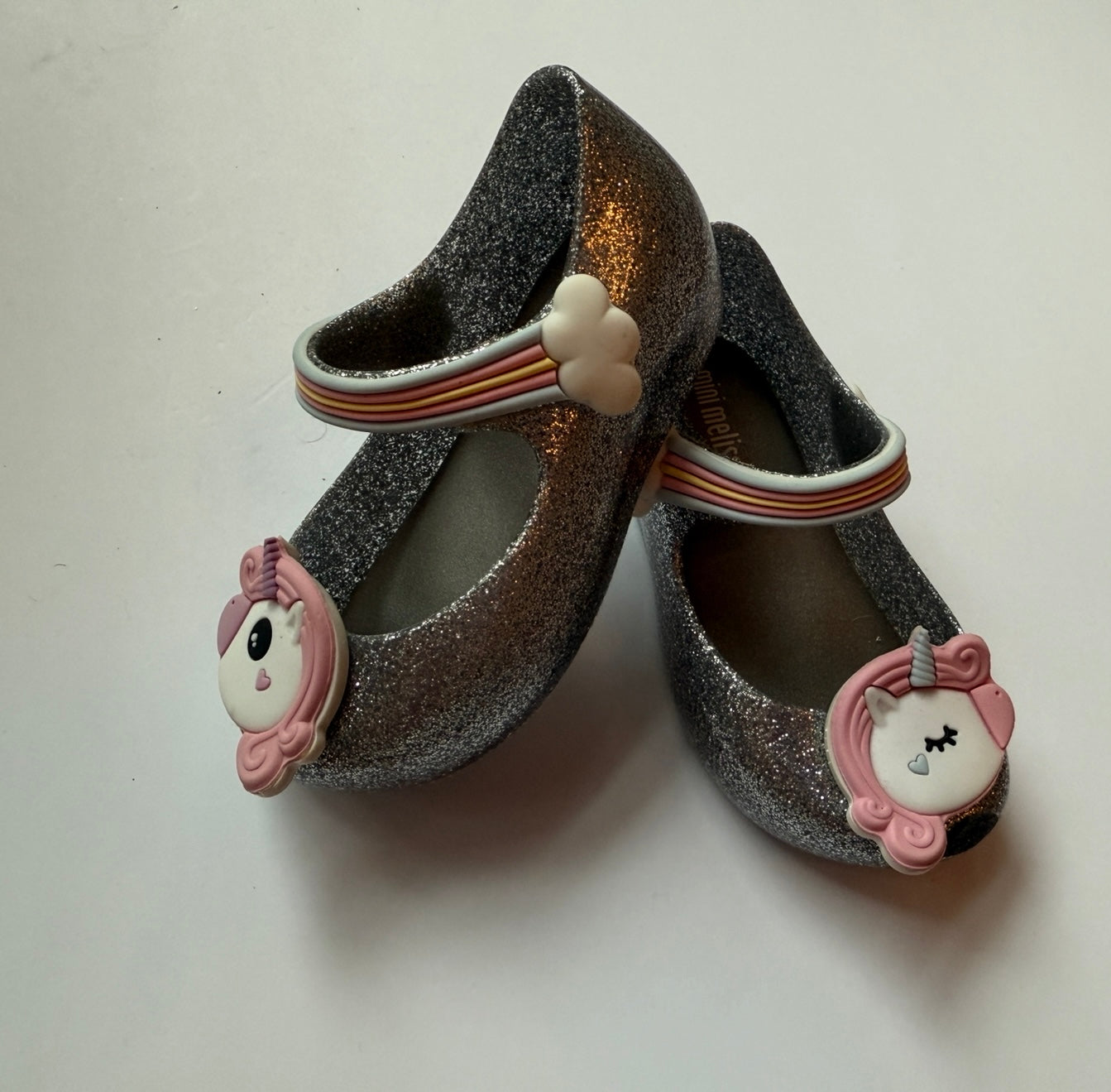 #180 Girls Shoe 7 Mini Melissa Silver Sparkle Unicorn ( 2 available)