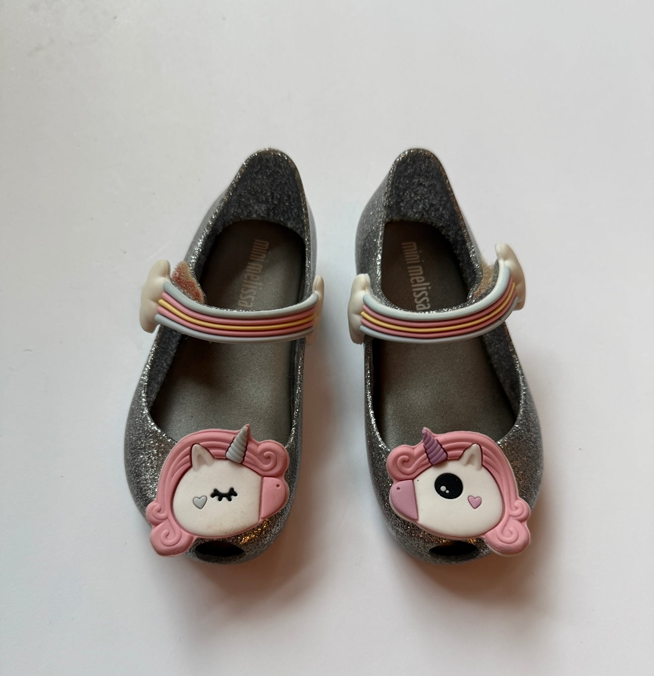 #180 Girls Shoe 7 Mini Melissa Silver Sparkle Unicorn ( 2 available)