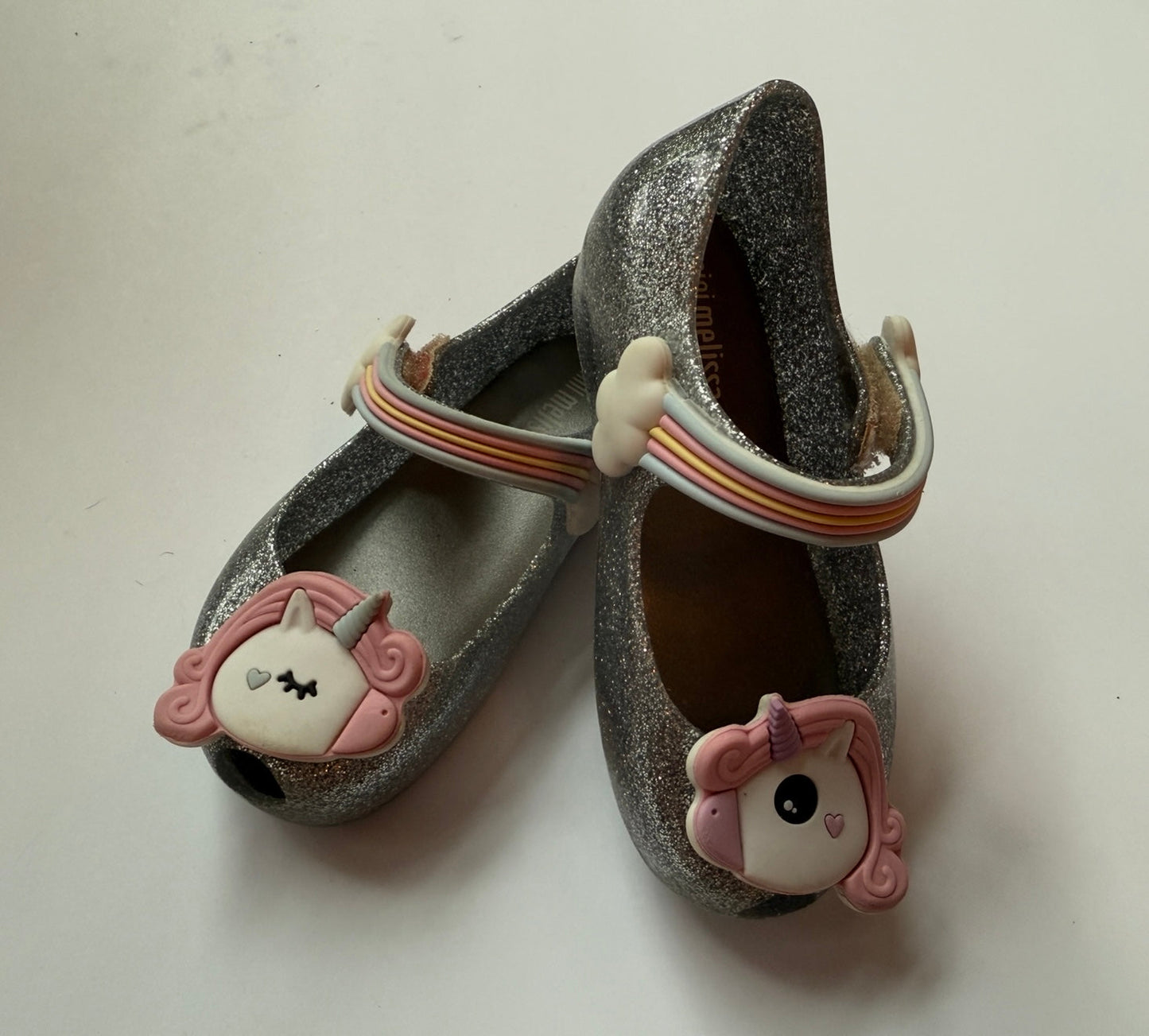 #180 Girls Shoe 7 Mini Melissa Silver Sparkle Unicorn ( 2 available)