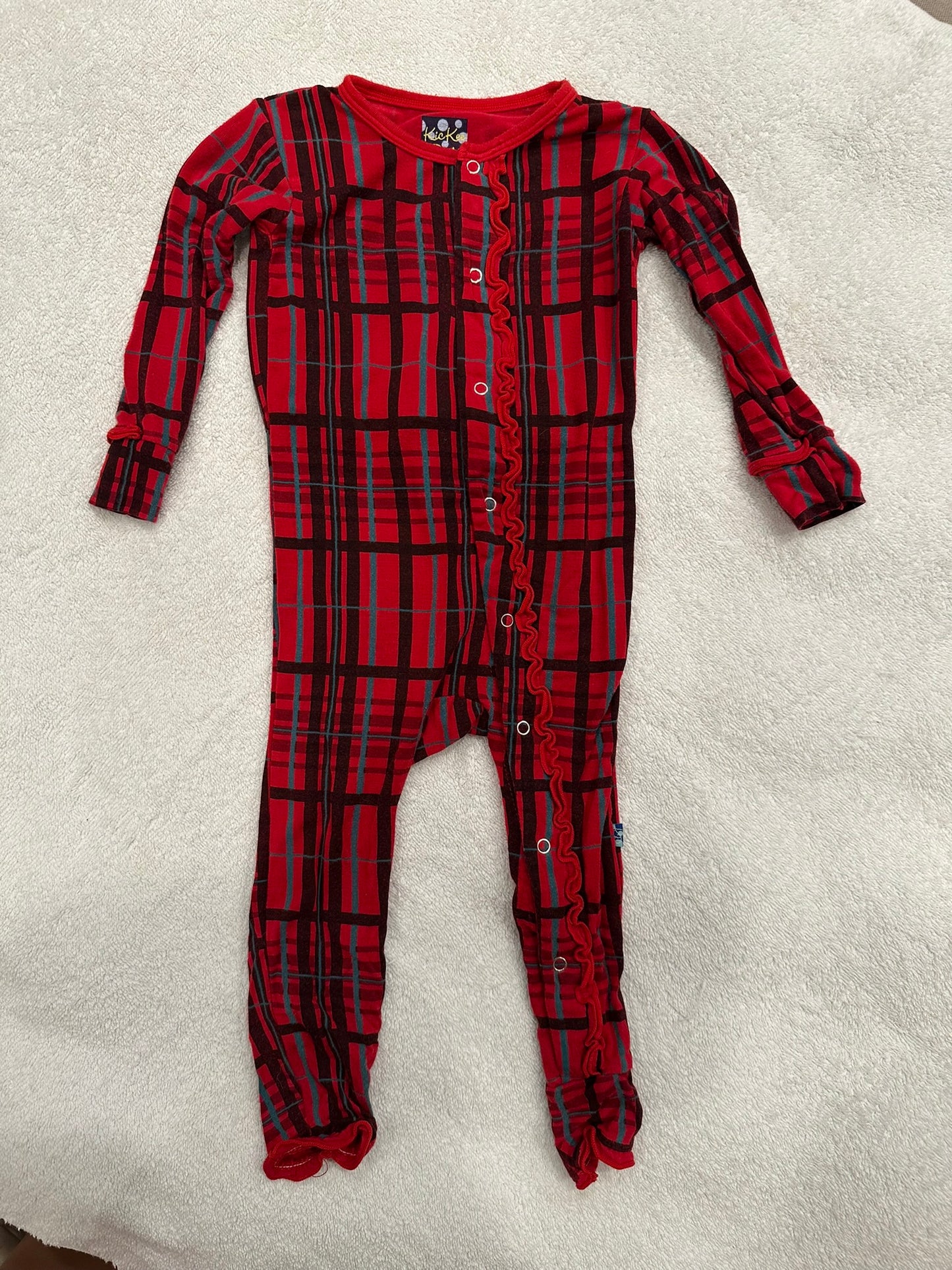 #85 REDUCED Kickee Pants Red Plaid Bamboo Christmas Jammies, Infant Girls 12-18m