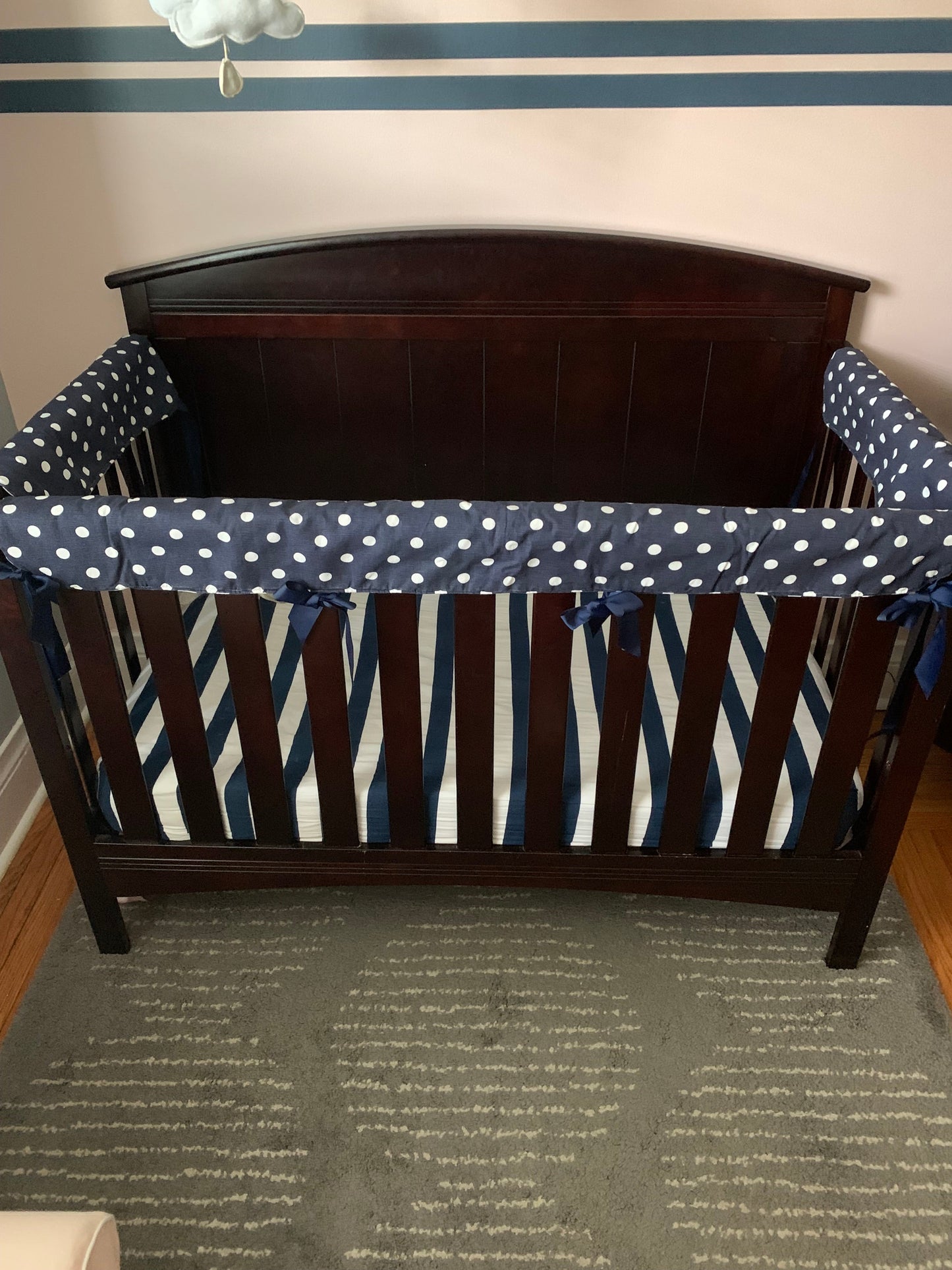 Seller 48, Crib Rail Covers, Navy w ribbon bows, Reversible