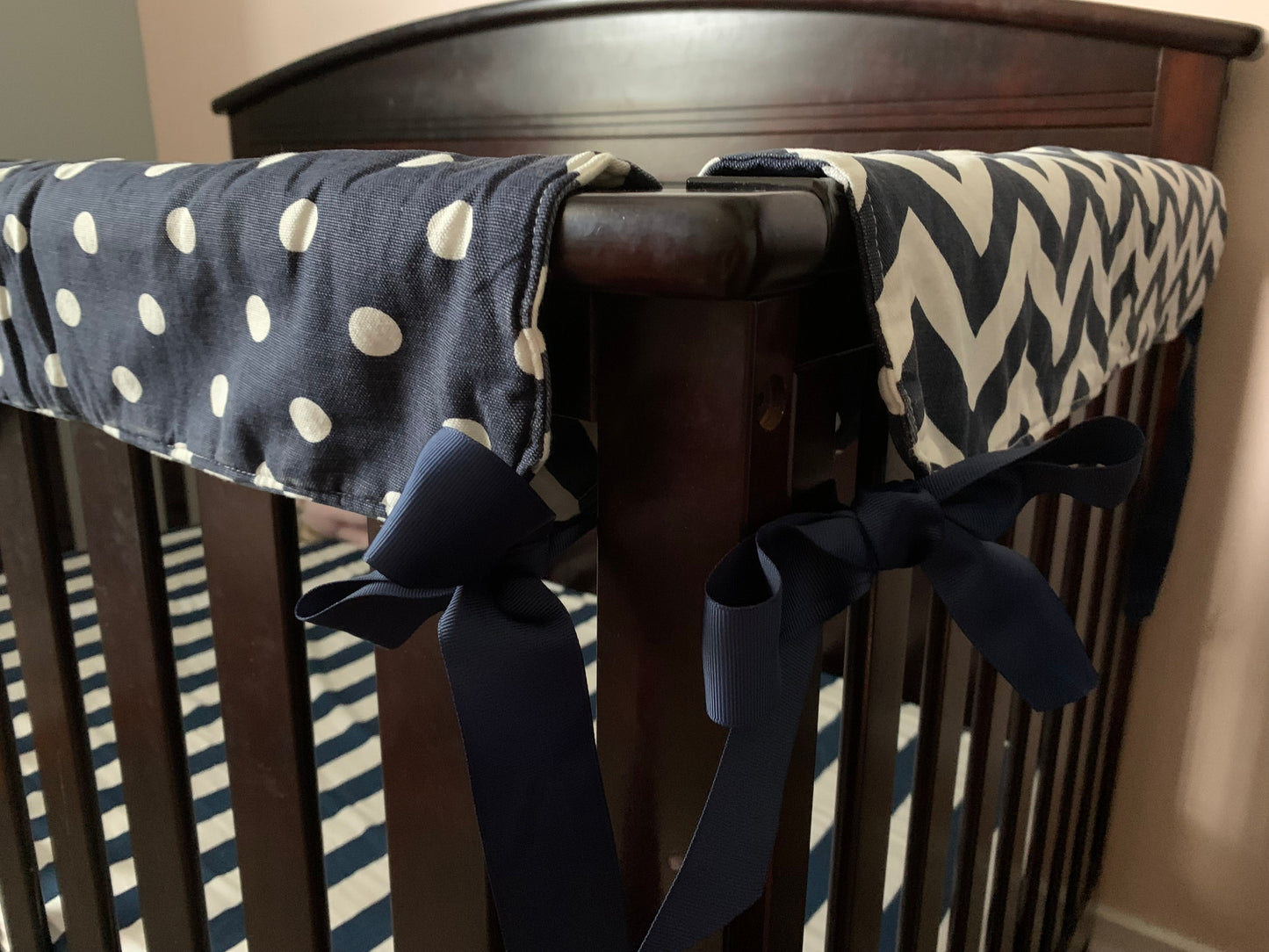 Seller 48, Crib Rail Covers, Navy w ribbon bows, Reversible