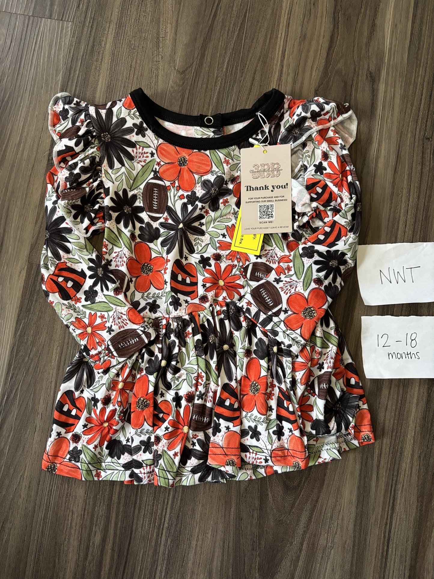 #138 - 12-18 Mo - NWT 3BB - Custom Made Bengals Floral LS Twirl (Bamboo) - PU 45236