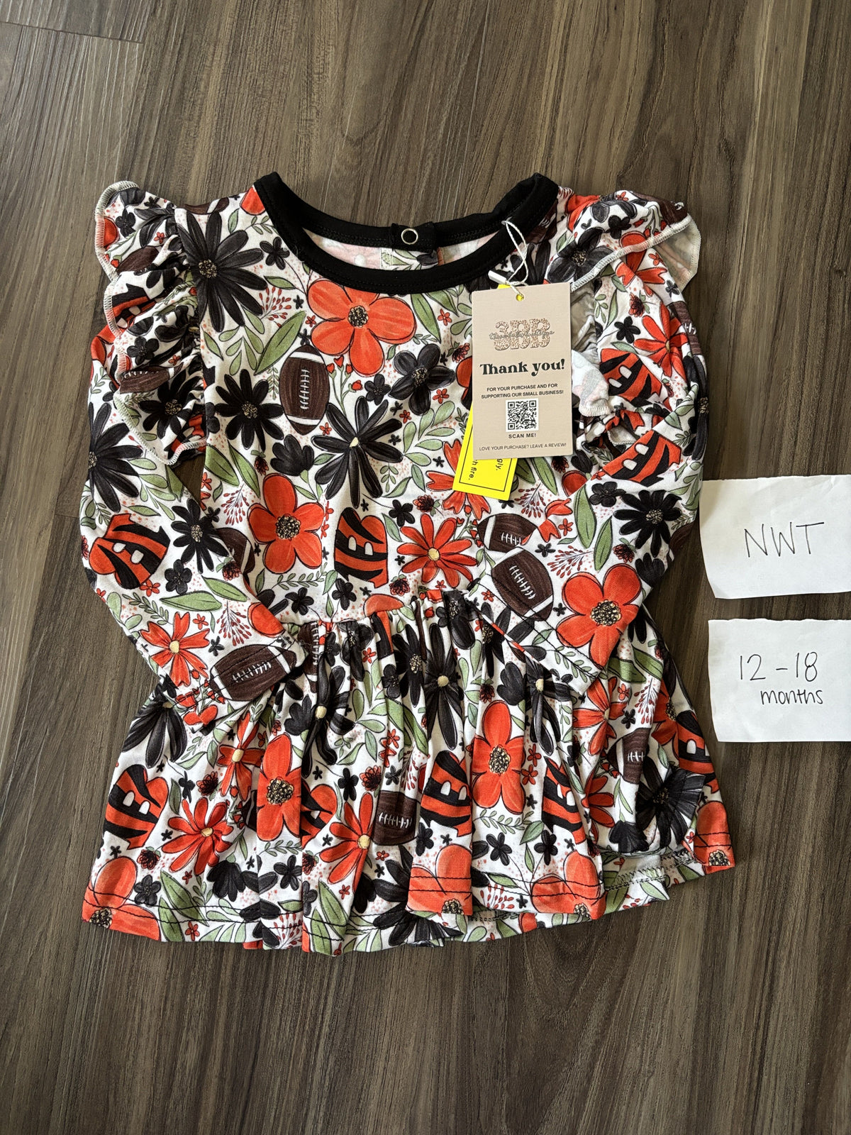 #138 - 12-18 Mo NWT Bamboo Custom Made Floral Bengals Twirl (3BB)