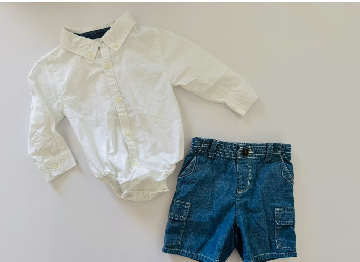 REDUCED # 92 Boys 12-18 month Gymboree white dress shirt and Jean short set