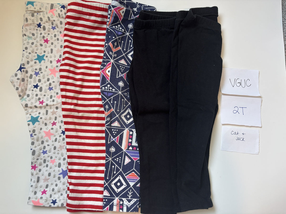 #138 - 2T VGUC Cat & Jack (5) Leggings (Stars, red stripe, geometric, 2 black)