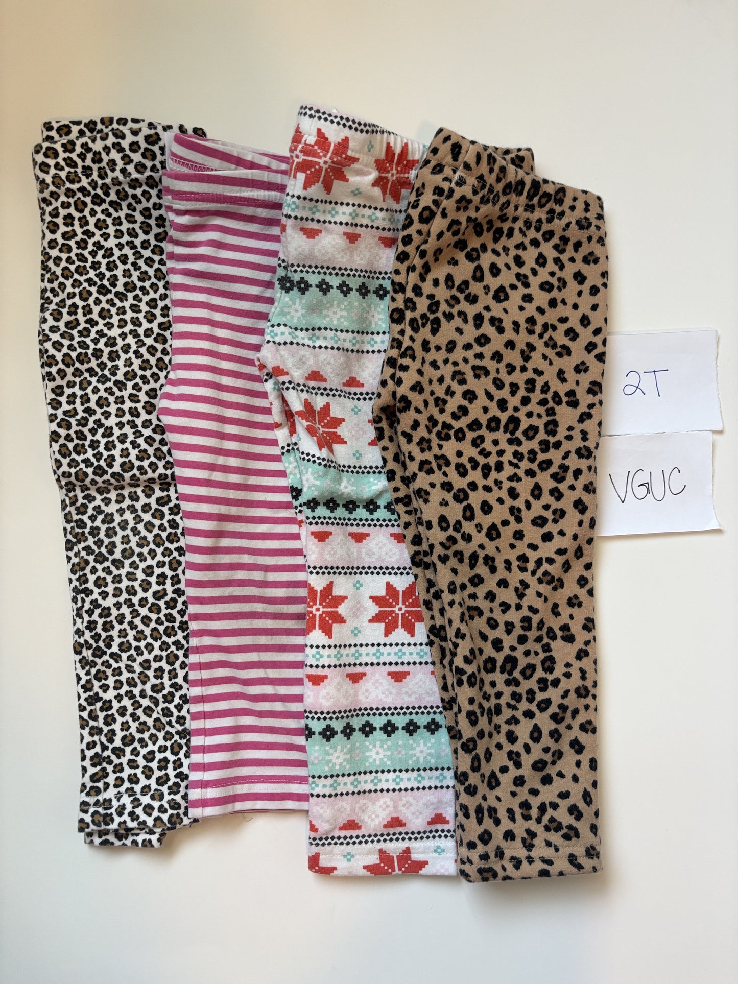 #138 - 2T - VGUC 4 Pair Pants (2 leopard, pink stripe, snowflake) - PU 45236