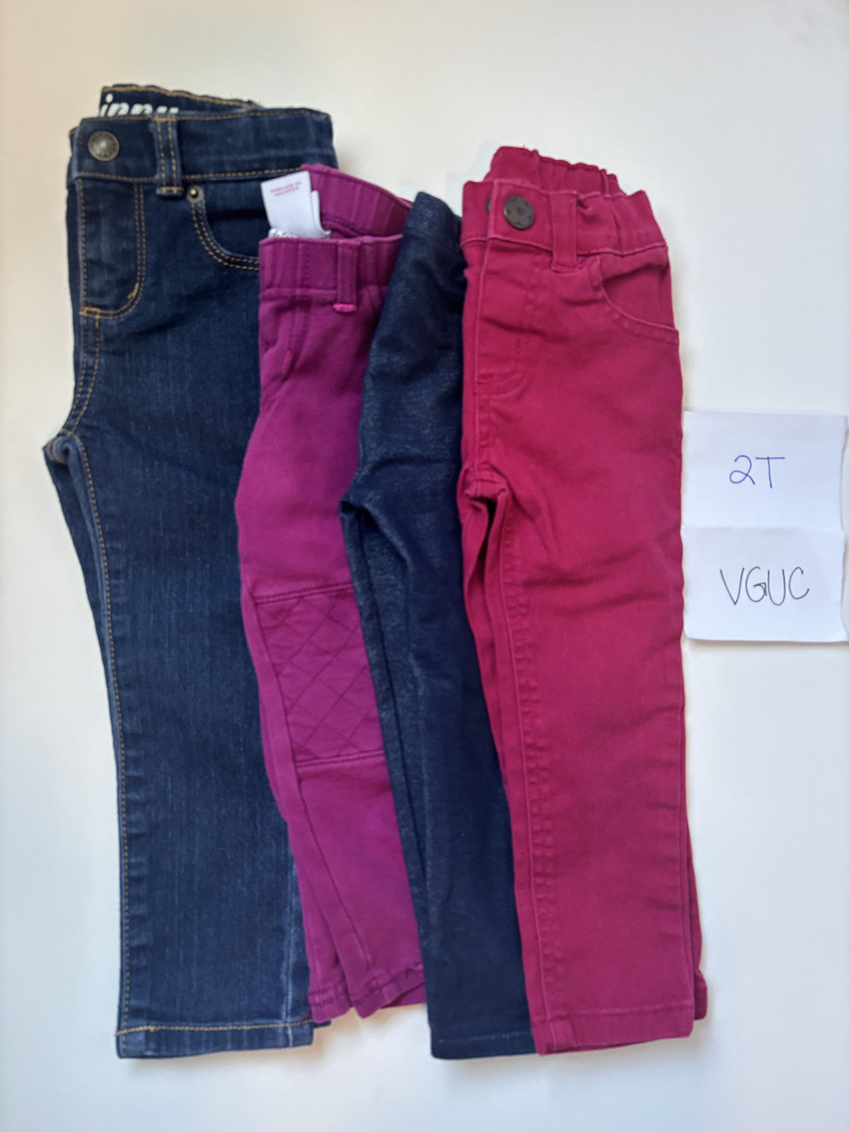 #138 - 2T VGUC (4) Pair Jeans (2 denim, purple, pinkish red)