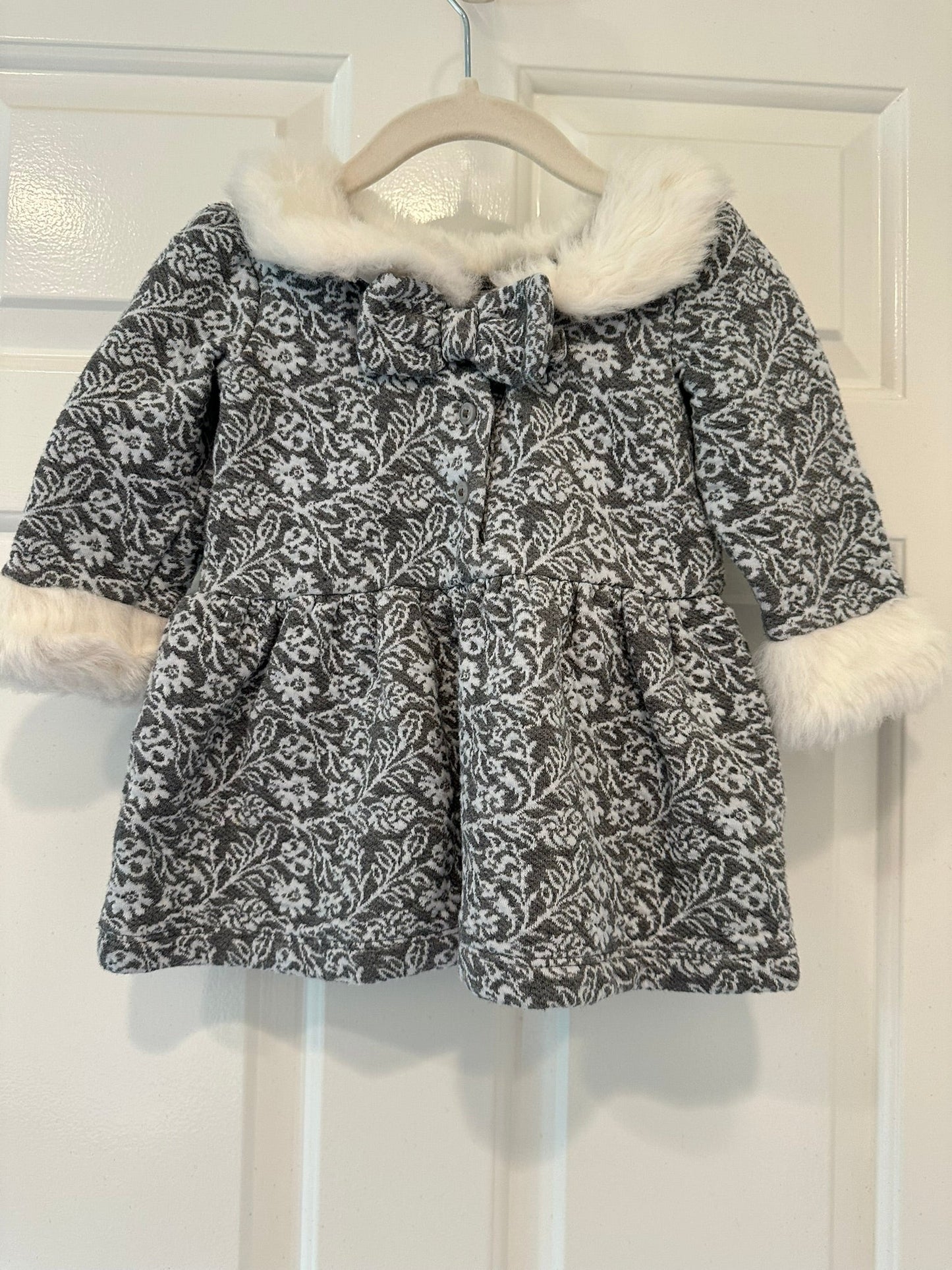 #85 REDUCED Janie & Jack Grey White Fur Collar Winter Dress, Infant Girls 12-18m