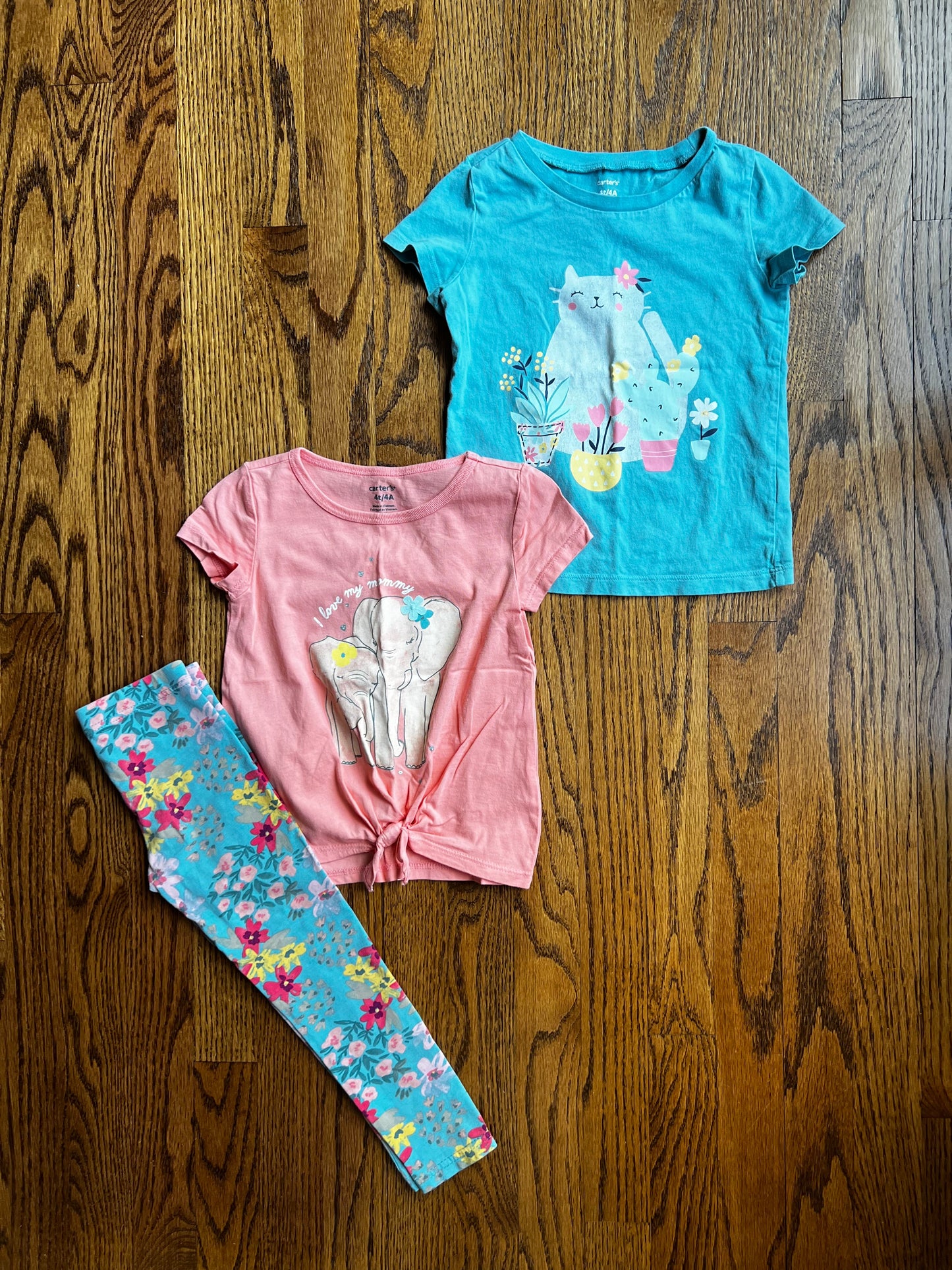 Seller #115 - REDUCED - Carter’s Girls 4T Bundle (Cat & Elephant Tees + Matching Floral Leggings), VGUC