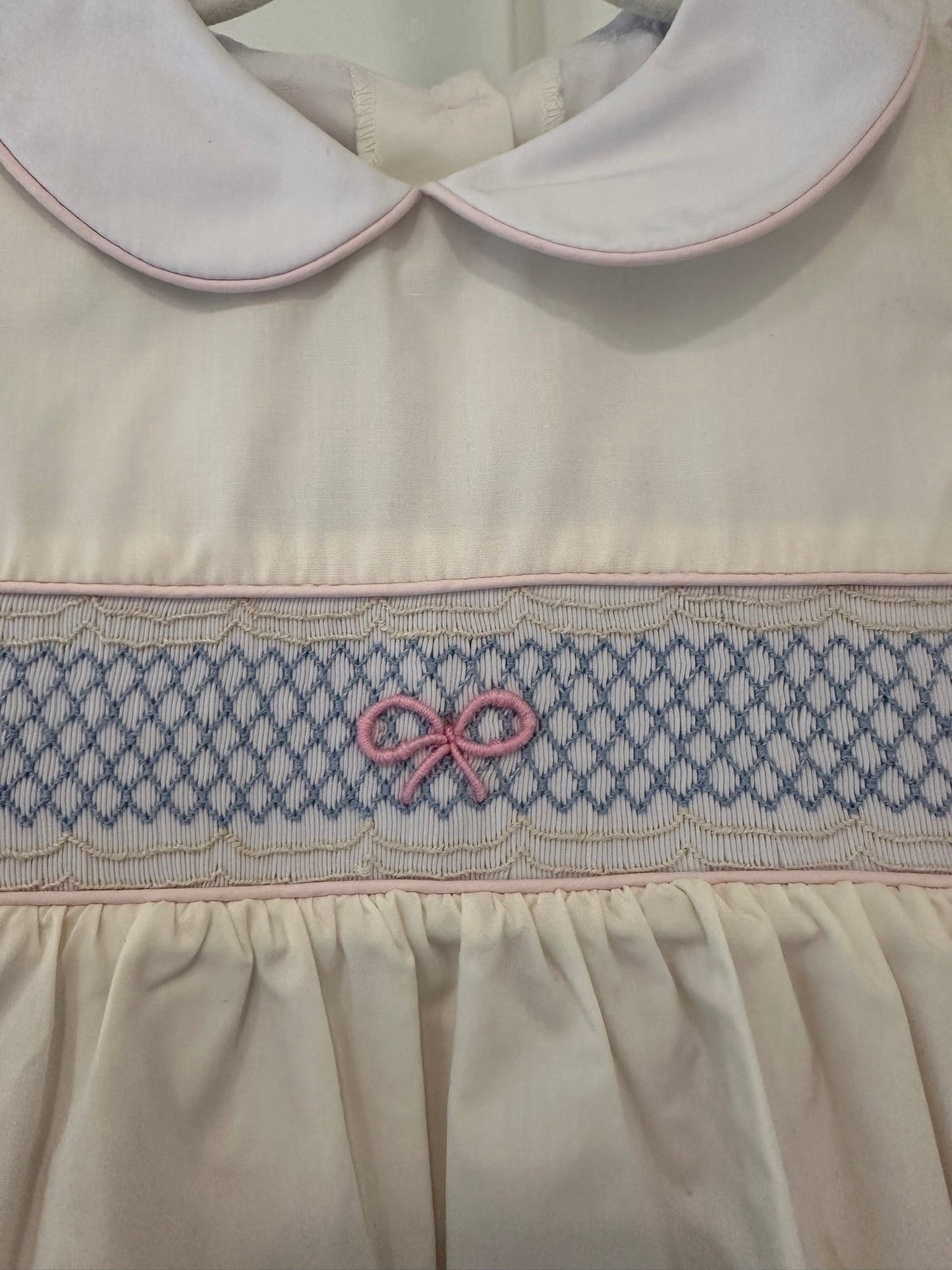 #85 REDUCED TBBC White Smocked Bow Dress with Blue & Pink, Toddler Girls 18-24m