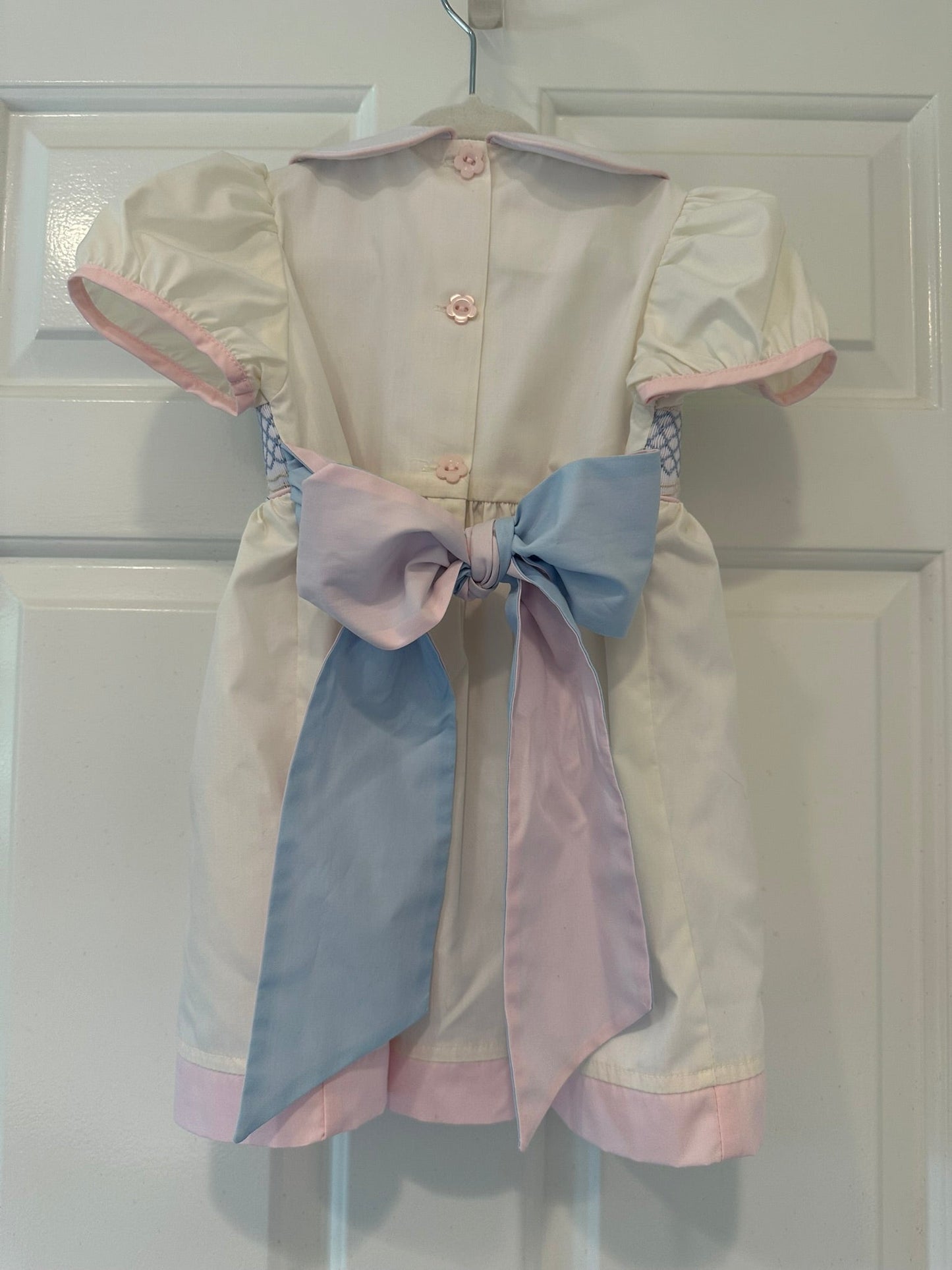 #85 REDUCED TBBC White Smocked Bow Dress with Blue & Pink, Toddler Girls 18-24m