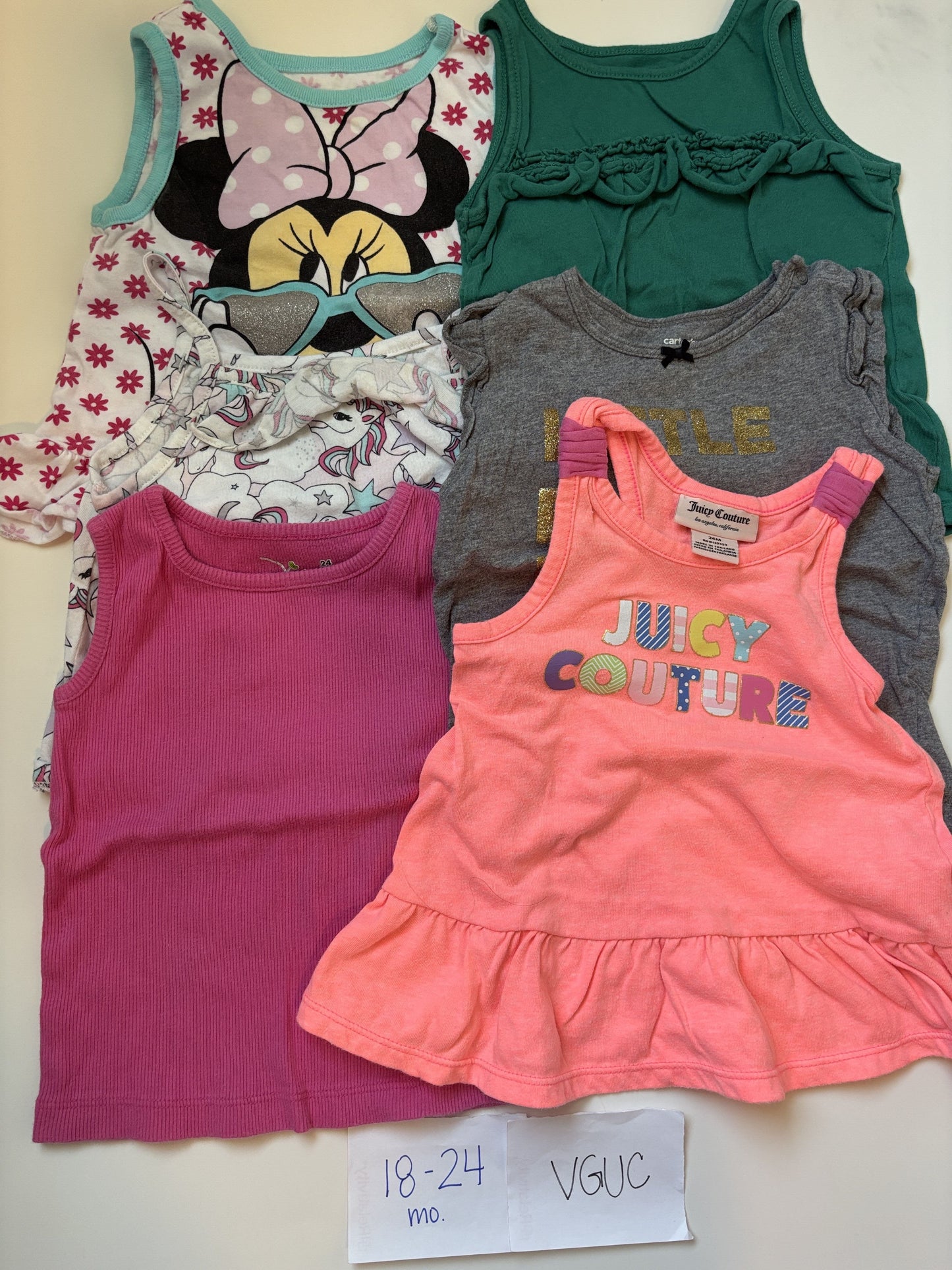 #77 - 18-24 Mo - VGUC 6 Tank Tops (minnie, unicorn, pink, green, juicy, grey)