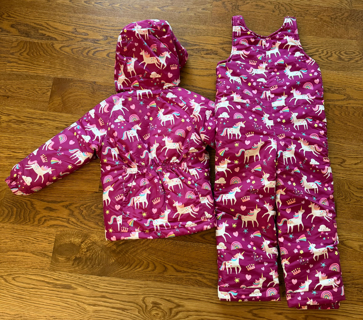 53 - Girls 5T The Children’s Place Pink Unicorn Winter Coat with Detachable Fleece Liner/Jacket and Overall Snow Pants