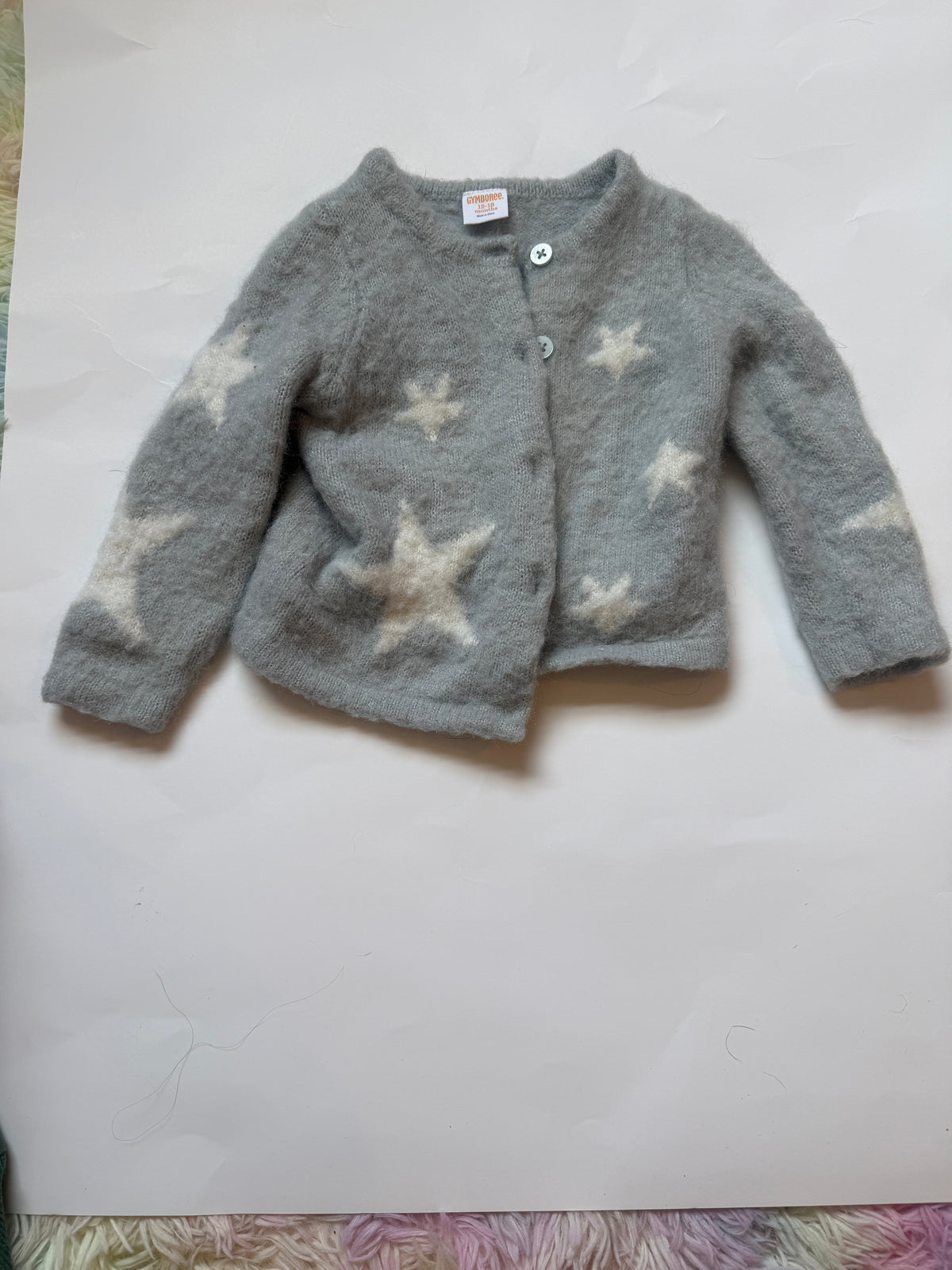 #170 Gymboree grey with white stars fuzzy cardigan sweater girls 12-18 months