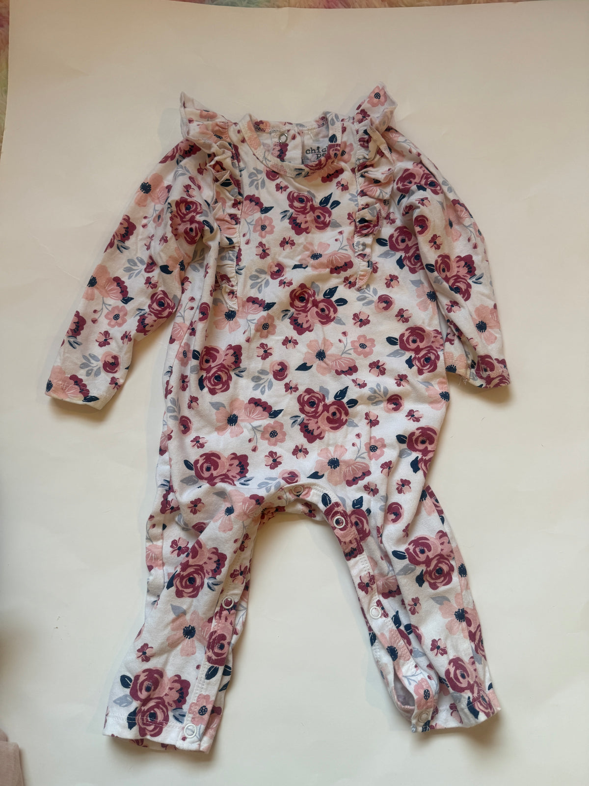 #170 Chickpea floral and ruffles jump suit girls 6-9 months