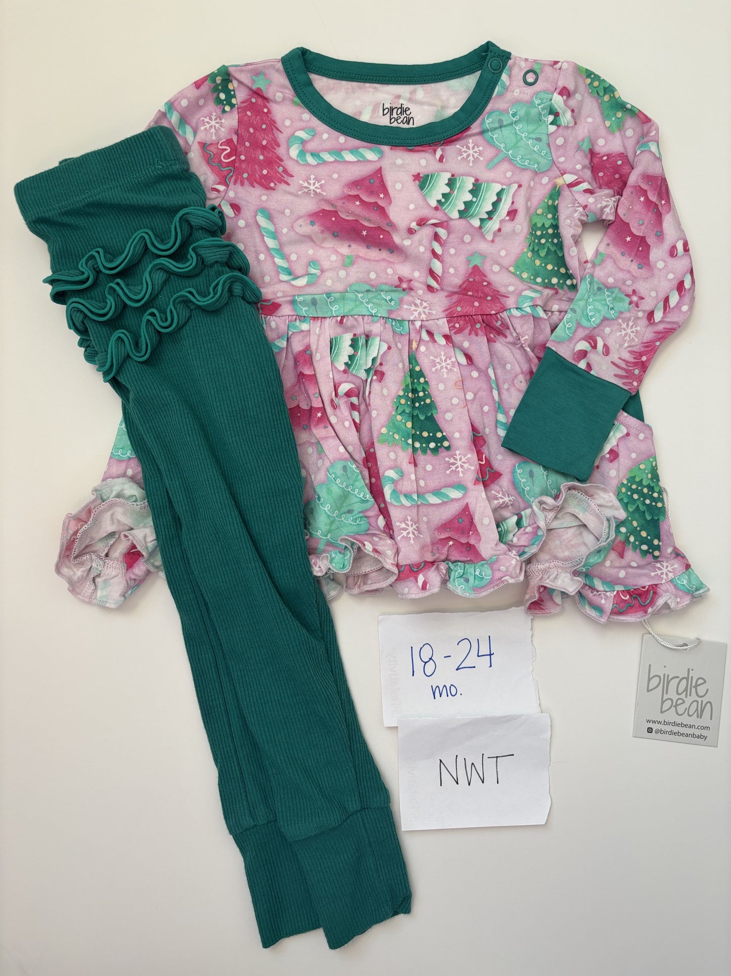 #138 - 18-24 Mo - NWT Birdie Bean - Joy LS Peplum w/Green Pants - PU 45236